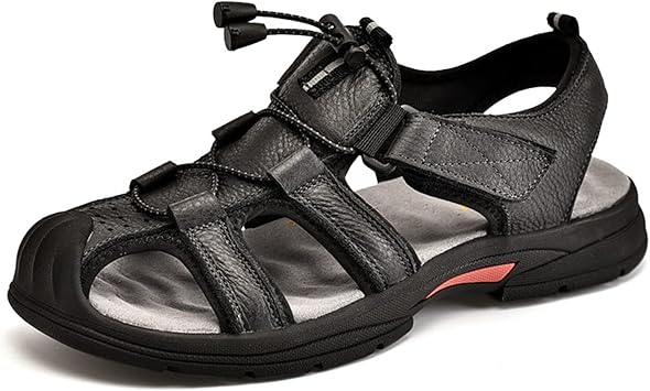 Mens Casual Sandals, Leather Outdoor Beach Sandals, Indoor Comfortable Baotou Fisherman Sandals for Beach Hiking Black 43