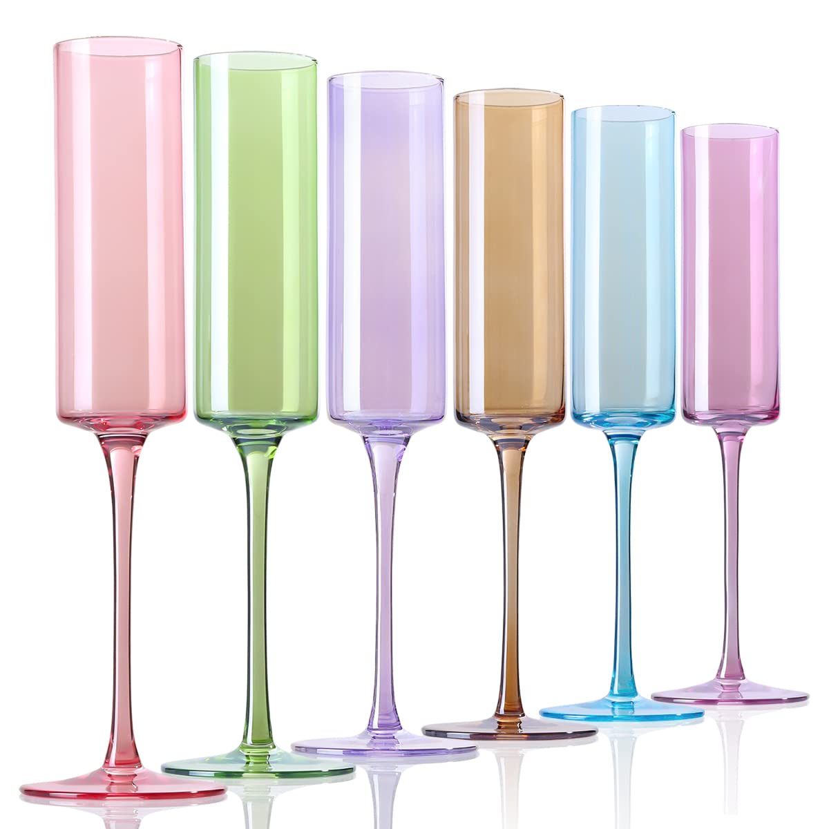 Physkoa Colorful Champagne Flutes Set of 6 -Weddings and Engagement Parties - Colored Champagne Glasses with Stems - Bride and Groom Champagne Flutes - Color Champagne Glass Collection-6.5OZ