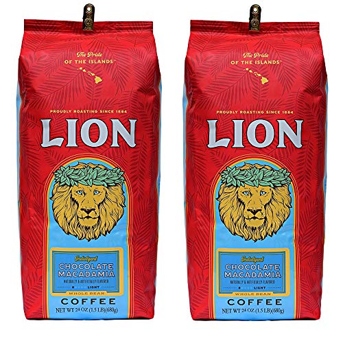 Lion Coffee, Chocolate Macadamia Flavor, Light Roast - Whole Bean, 24 Ounce Bag (Two Bags) #TOP6