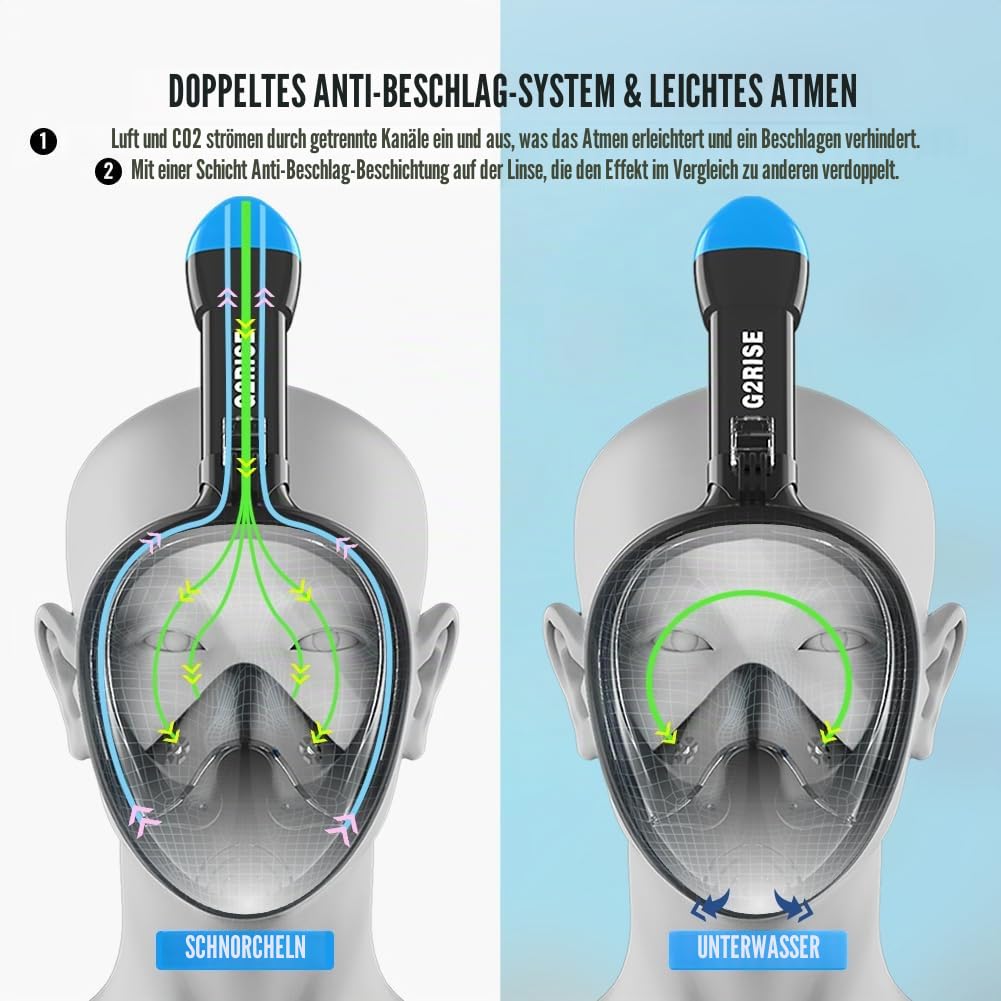 G2RISE® Schnorchelmaske, Tauchmaske, Faltbare CO2-sichere Schnorchel Vollmaske mit Kameraposition für Kinder und Erwachsene