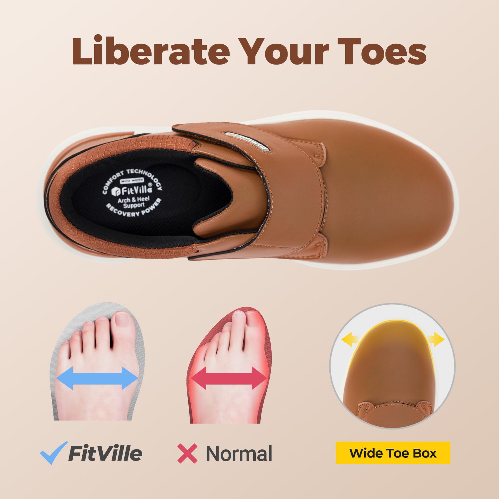 FitVille Scarpe Uomo Pelle Extra Larghe Scarpe con Chiusura a Strappo Sneaker Regolabile per Piedi Sensibili