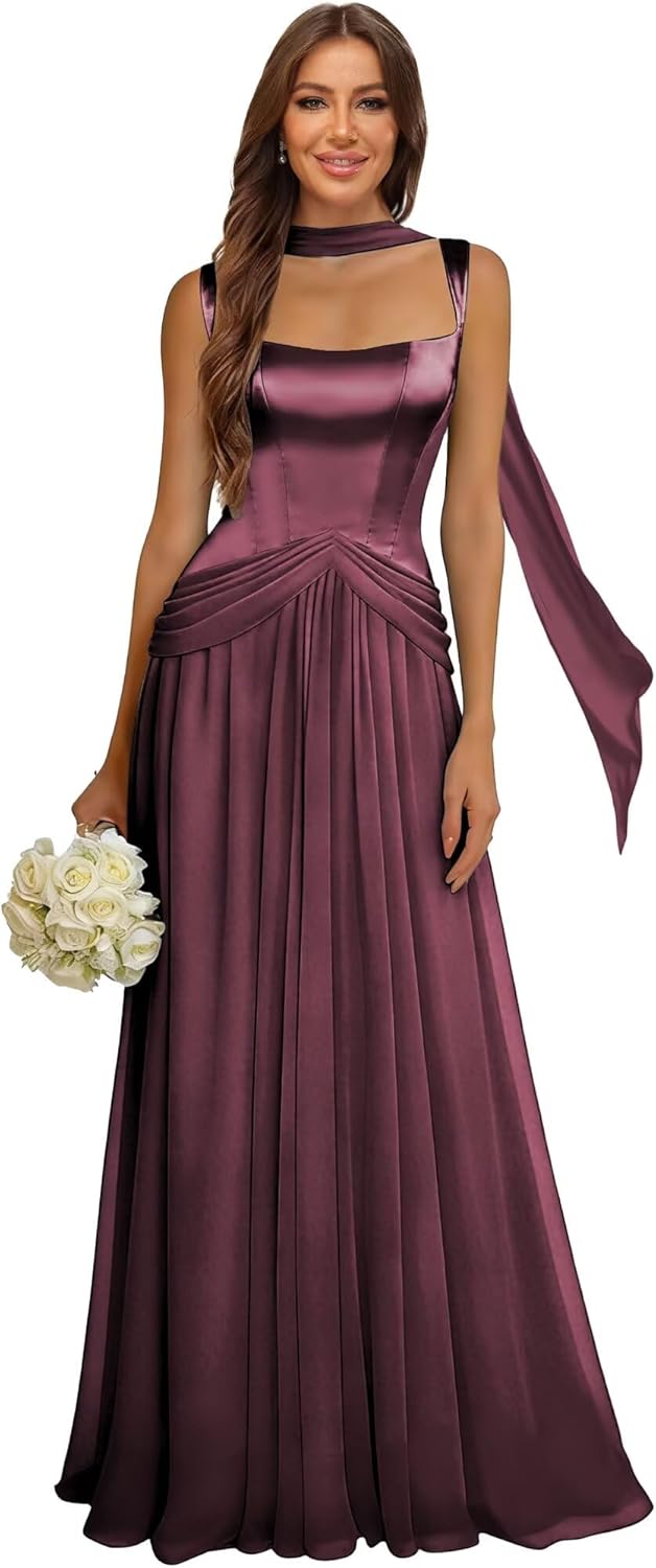 Satin Bridesmaid Dress with Scarf Pleated Chiffon Long Prom Dress A Line Spaghetti Strap Formal Gowns for Women