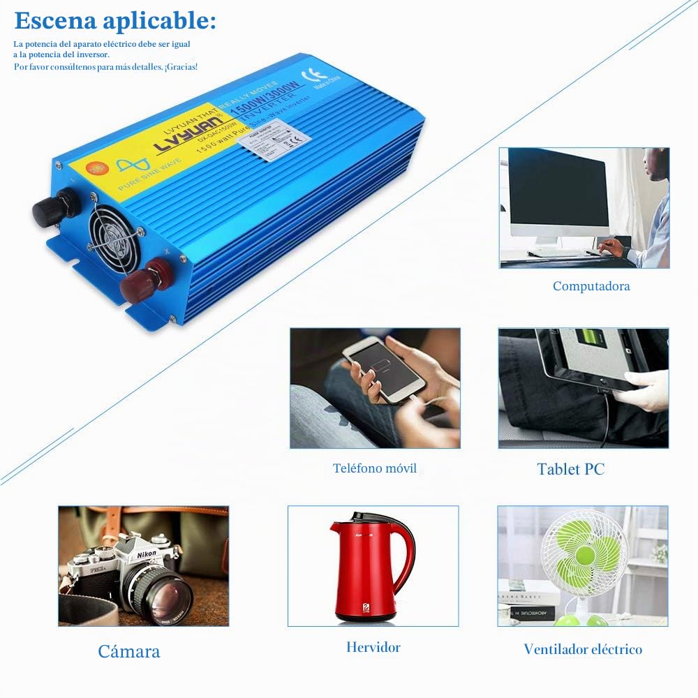Cantonape 1500w/3000w Inversor de Corriente Onda Sinusoidal Pura,Transformador de 12v a 230v, Inversor con Mando a Distancia & 2 Toma EU Y LCD+LED para Coche Caravana Barco cámping