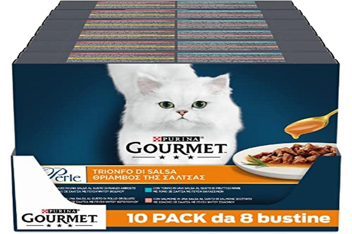Purina Gourmet Perle húmedas para Gato, trionfo de Salsa con Ternera, Pollo, salmón, atún, 80 Sobres de 85 g Cada uno (10 Paquetes de 8 x 85 g)