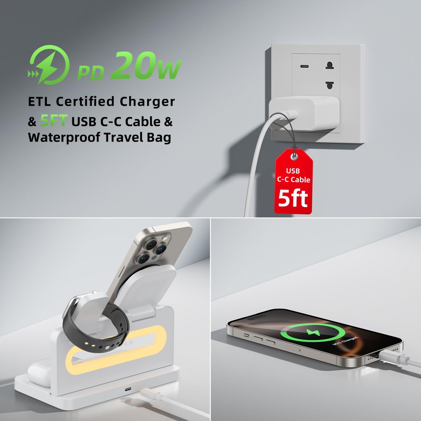 Bezprzewodowa stacja ładująca 3 w 1 do ładowarki Apple MagSafe, magnetyczny stojak na ładowarkę bezprzewodową do iPhone'a 16, 15, 14, 13, 12, składana stacja ładująca do urządzeń Apple iWatch, AirPods