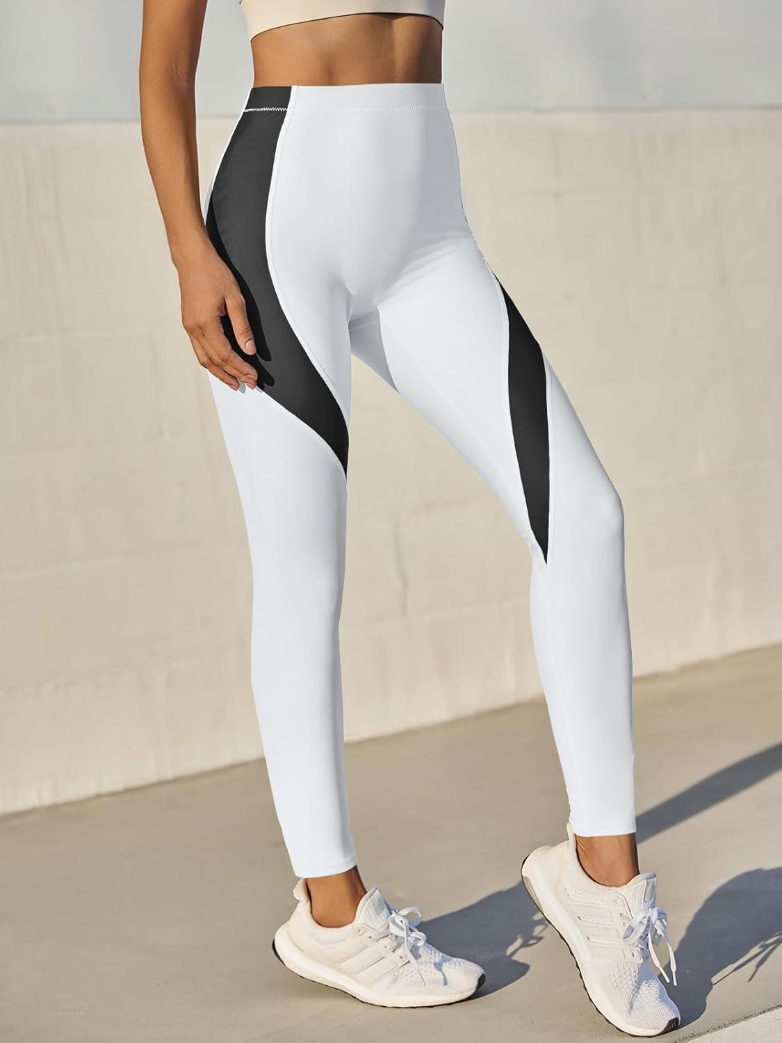 Fisoew Womens High Waisted Leggings Color Block Yoga Pants Workout Running Stretchy No See Through Leggings - Image 3