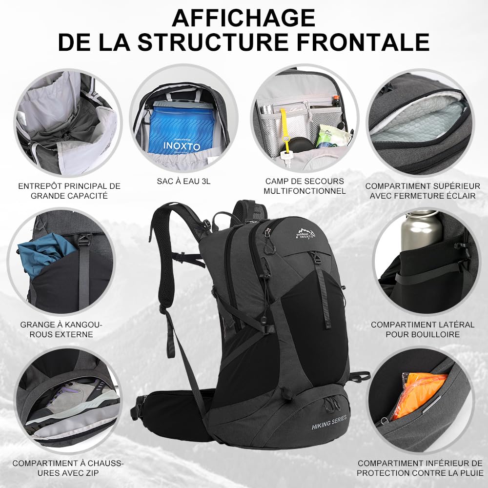 INOXTO Sac à dos de randonnée 25 L avec sac à eau 3 L, sac à dos de randonnée léger avec housse de pluie pour alpinisme, randonnée, camping, sports de plein air pour homme et femme (Noir gris)