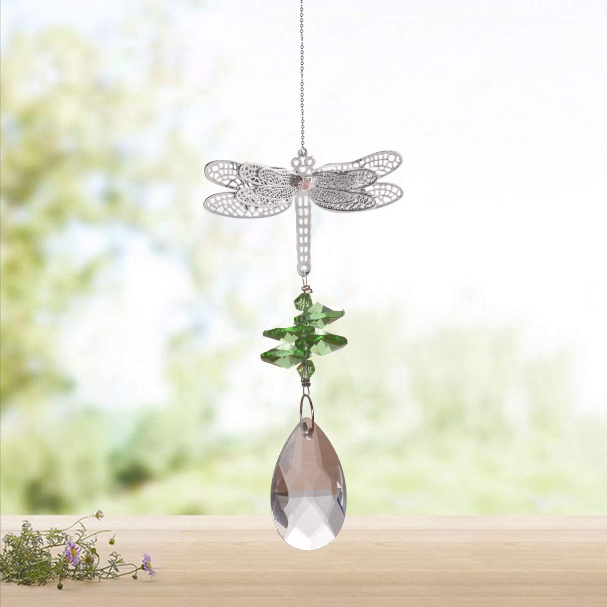 WEISIPUCrystal Suncatcher Prism - Dragonfly Suncatchers for Windows Hanging Rainbow Maker for Windows, Christmas Tree Decor, Gifts (Green)