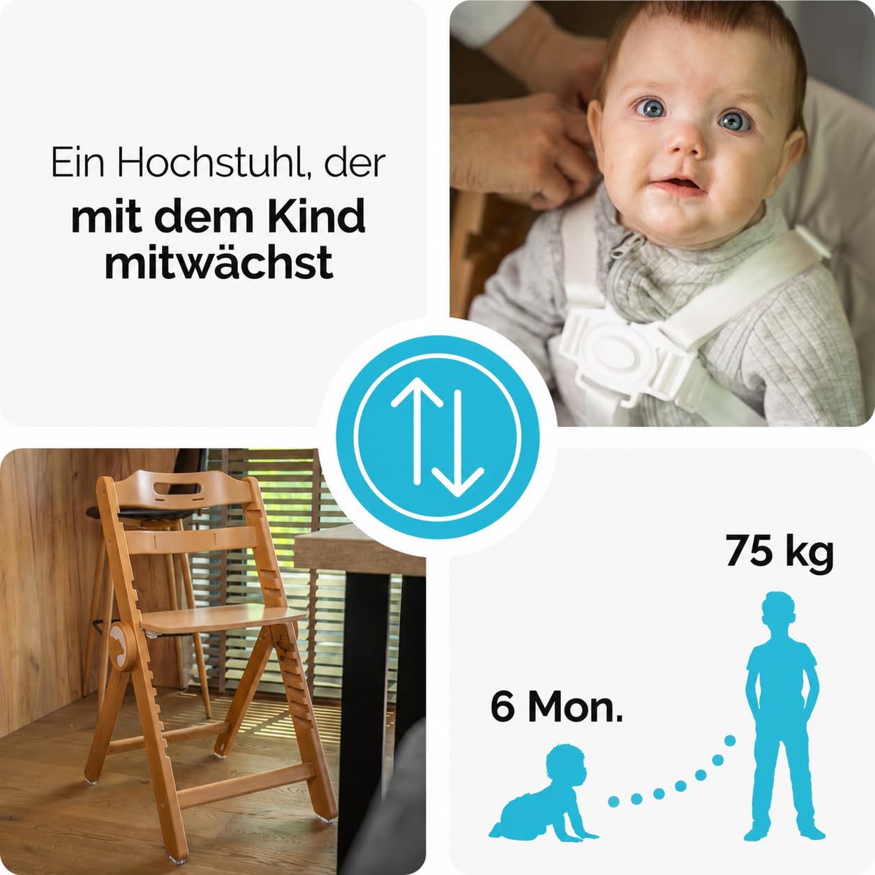 Holzhochstuhl Drömmer Unique bis 75kg Mitwachsender Faltbarer Hochstuhl aus Buche für Kinder mit Sitzkissen 5 Punkt Gurt zusätzliche Ablage Schrittgurt 9 Höhenverstellungen Schutzbügel Natural