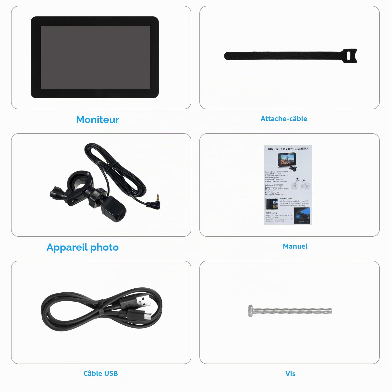 Shkalacar Miroir de Guidon de Vélo,Caméra de recul de vélo Rechargeable 1080P avec Moniteur de 4,3'' Vision Nocturne, Grand Angle de 150 °, Support Rotatif à 360°,pour vélo de Montagne, vélo de Route