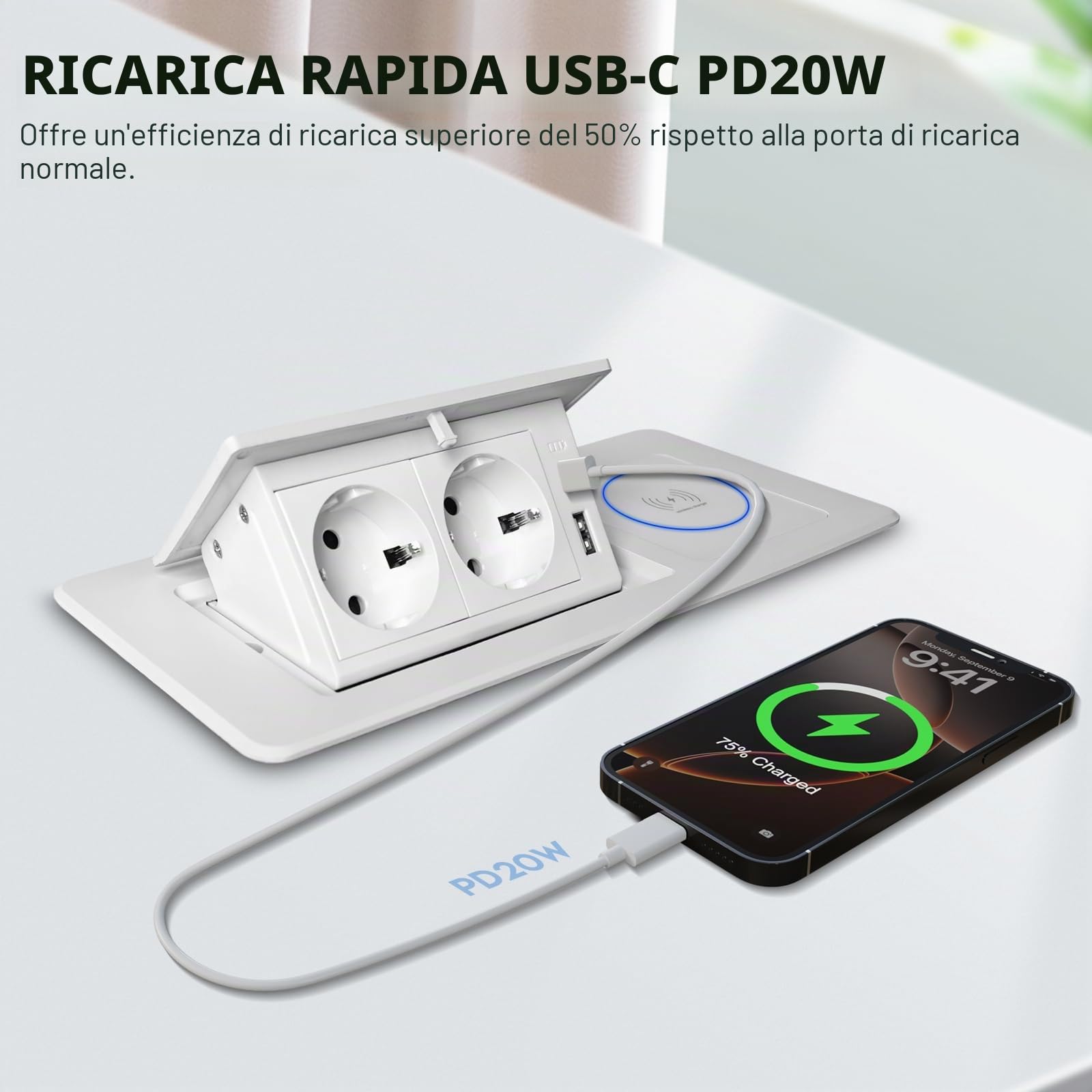 Presa a scomparsa PD20 W, USB C e 15 W, ricarica wireless, 2 prese, per scrivania, piano di lavoro della cucina, bianco