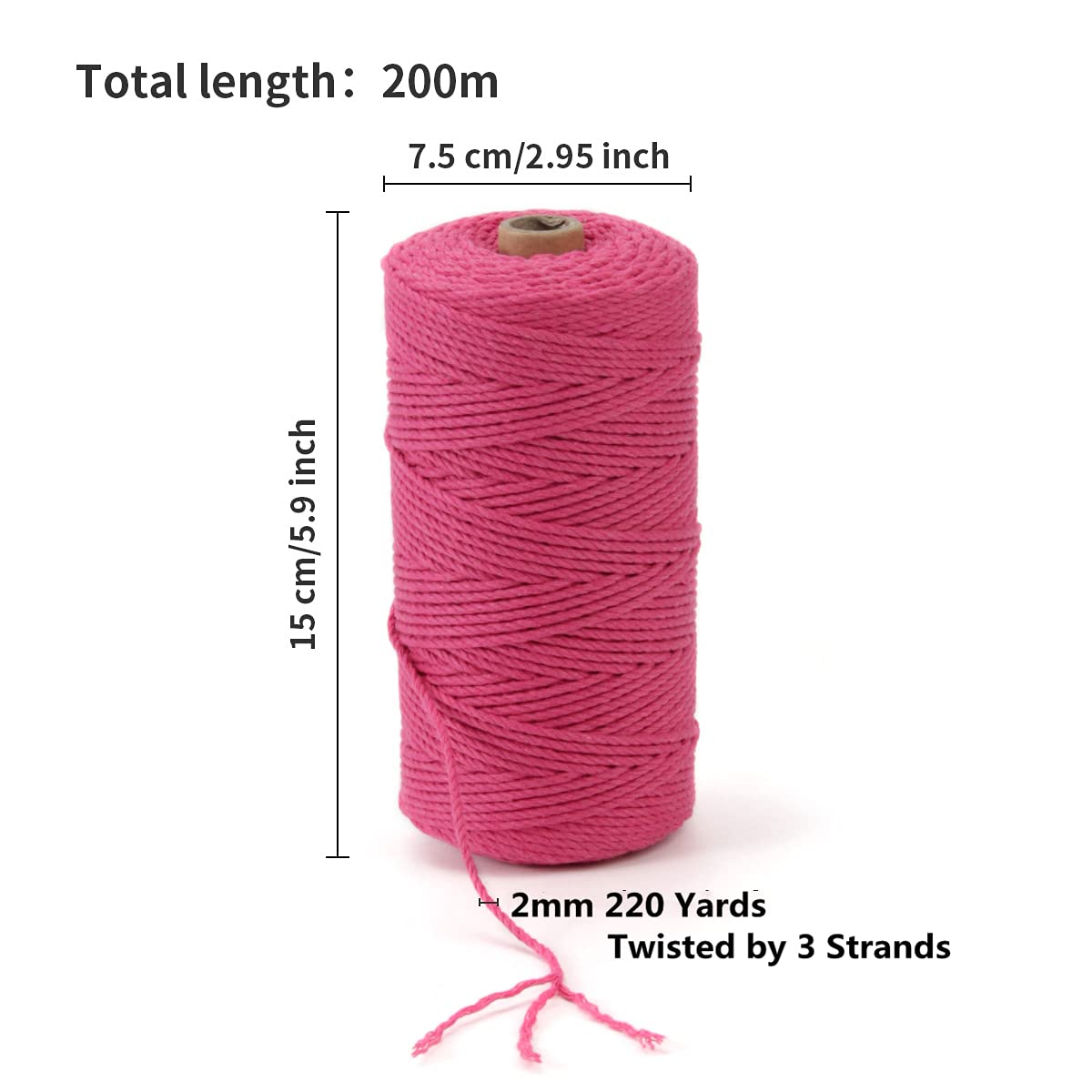 POZEAN sznurek do makramy, 2 mm x 220 m (ok. 200 m), kolorowa lina do makramy, 100% naturalna bawełniana lina do powieszenia na ścianie, wieszaki na rośliny, rękodzieło, robótki na drutach, Boże