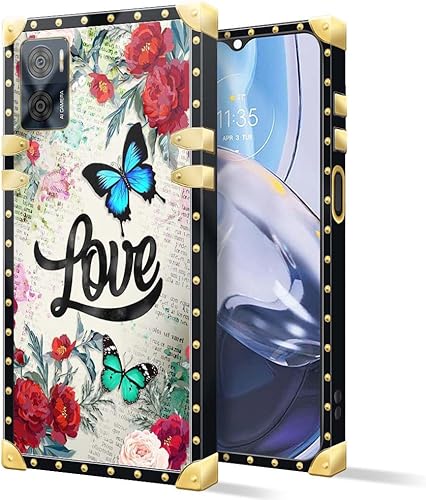 Miniatura 1 de Funda para Moto E22, funda cuadrada con diseño de mariposas y rosas para niñas y mujeres, funda decorativa de metal suave TPU resistente a las