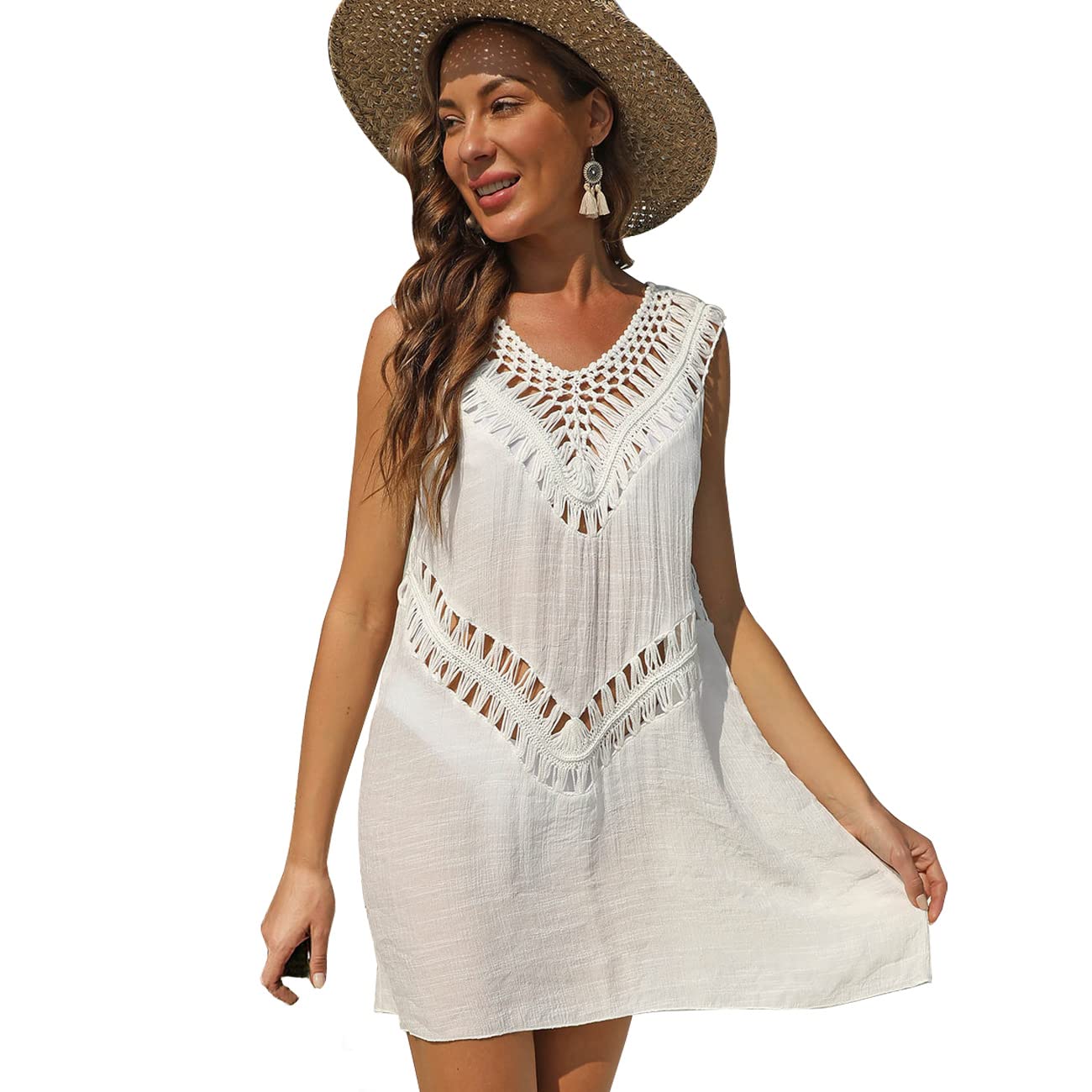 KOEMCY Vestido de Playa Mujer Sexy V-Cuello Hollow out Crochet Vestidos Playa Pareos Playa Bikini Cover Up