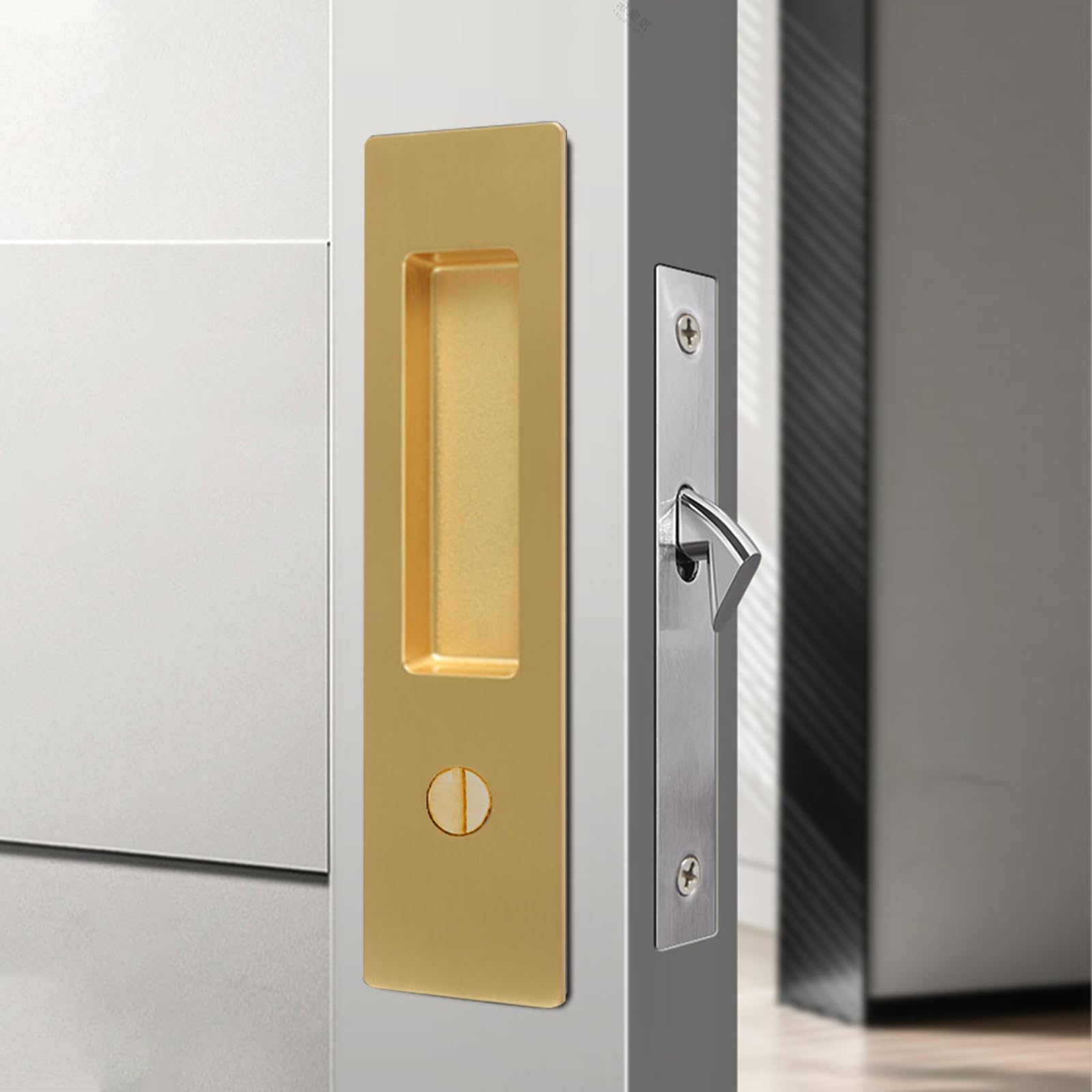 mvuenleyog Sliding Pocket Door Lock,Sliding Door Latch with Turn Knob for Interior Wooden Door,6.3in/160mm,Invisible Recessed Door Handle (Gold) - Image 2