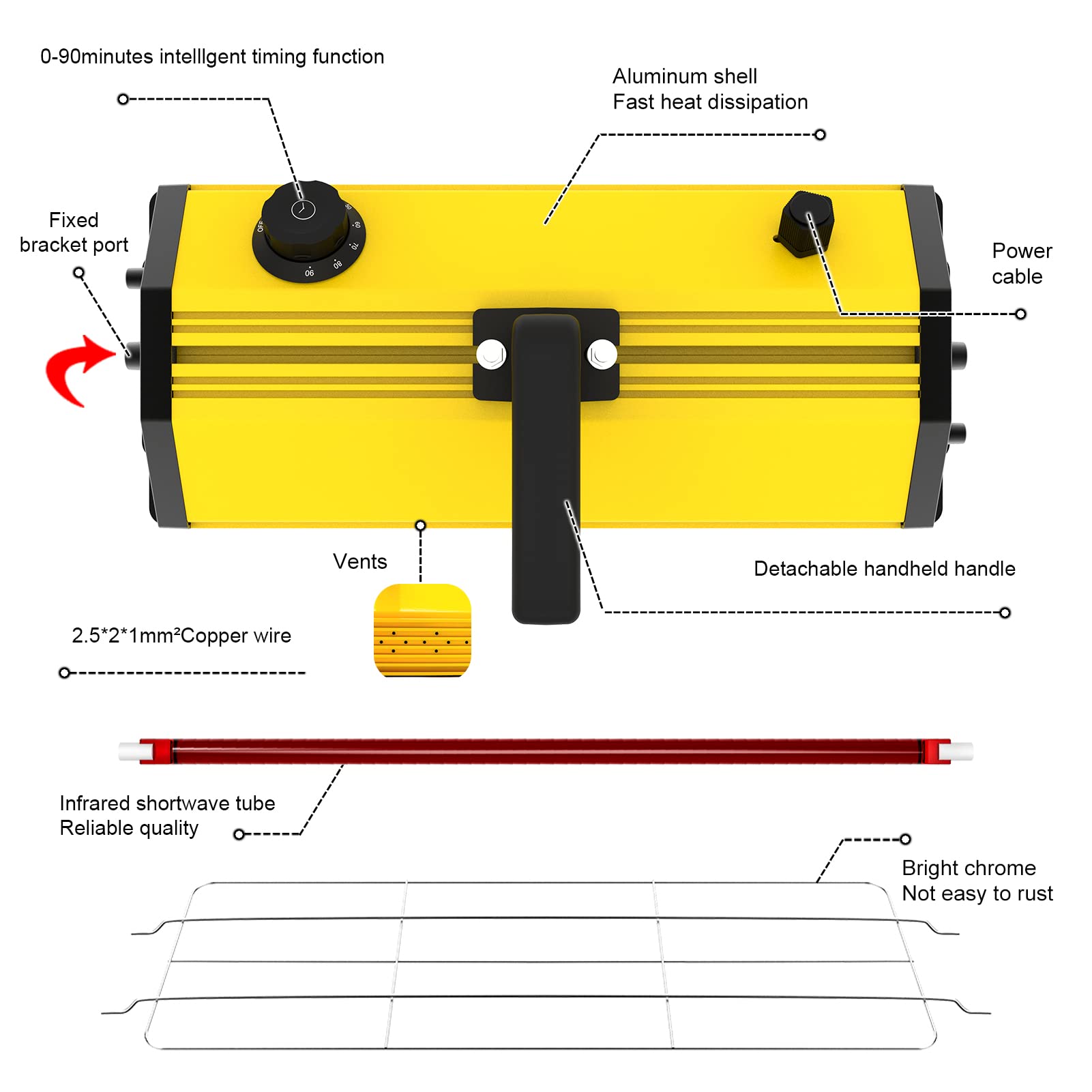 DATOUBOSS 2000W Sèche-Peinture à Main Infrarouge 230V Lampe de Peinture Infrarouge Sèche-Peinture Infrarouge adapté à la Peinture de Voiture Peinture sur tôle séchage partiel des Meubles