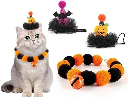 Miniatura 2 de Juego de 2 piezas de collar de sombrero de gato de Halloween, collar de campana y sombrero de bruja de mago para mascotas, disfraz de Acción de