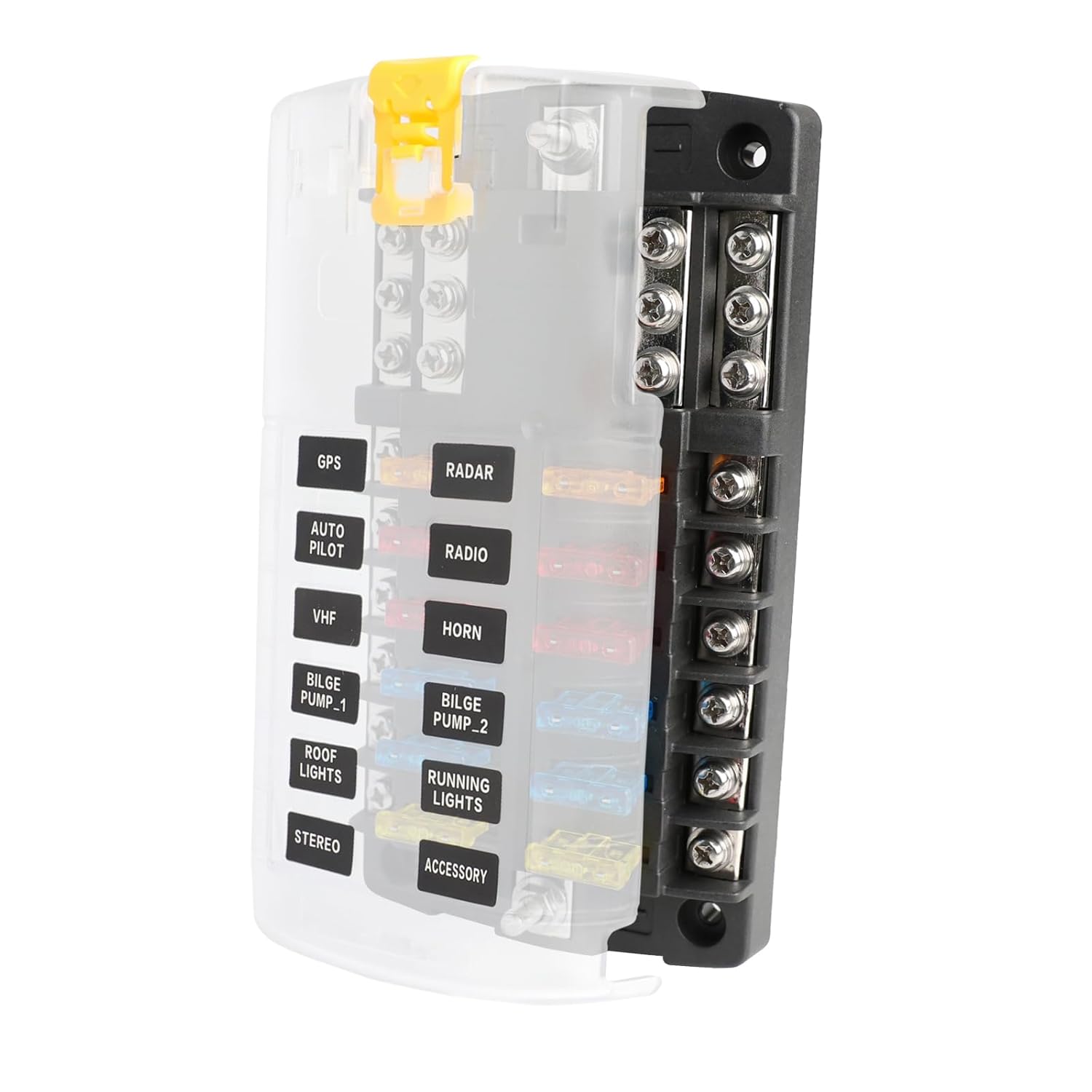 12-Way Marine Fuse Block with LED Warning Indicator, Waterproof & Damp-Proof Fuse Panel for 12V/24V Automotive, Boat &ATC/ATO Blade Fuse Box with Ground Bus & Protective Cover, 100A Total Max