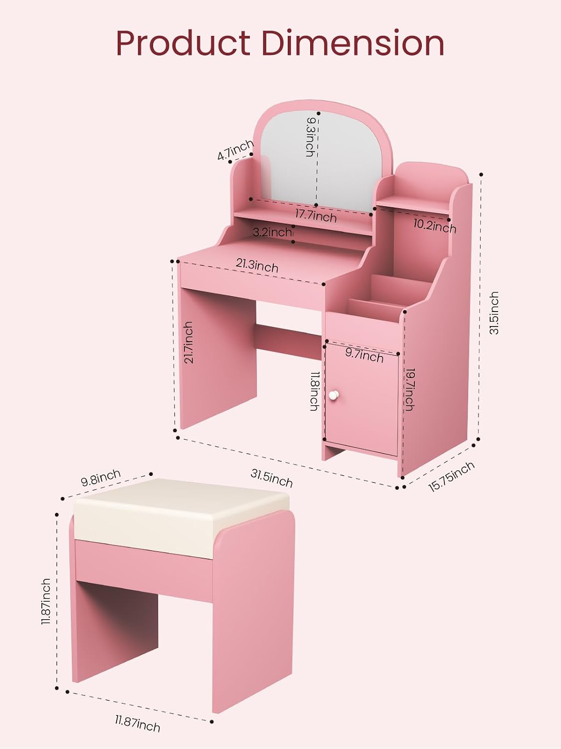 Kids Vanity Table and Stool Set with Mirror Vanity Desk for Girls Princess Makeup Dressing Table with Storage Cabinet Toddler Makeup Vanity for Little Girls for Bedroom, Playroom (Pink)