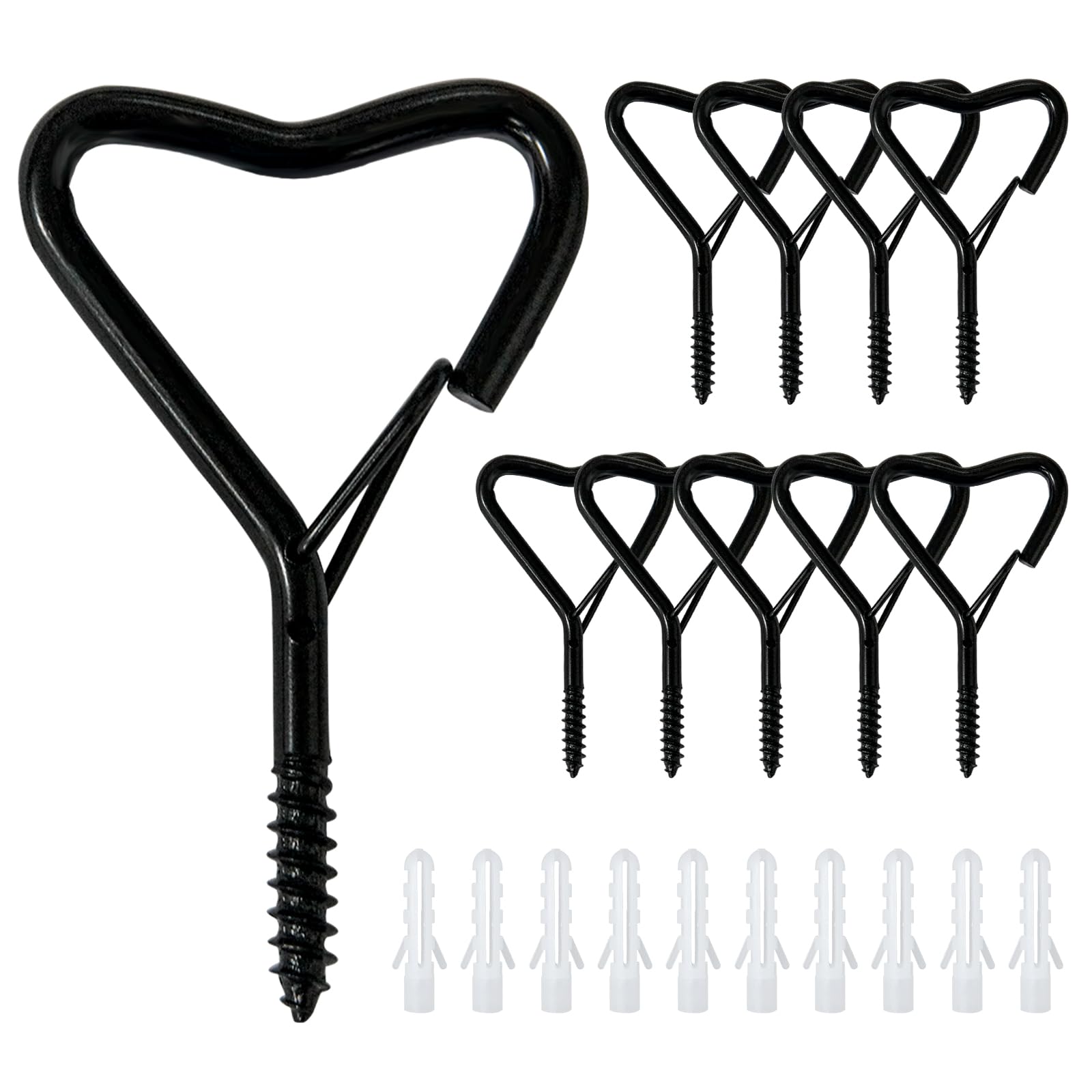 Ticway 10 PCS Heart Shaped Hooks for Outdoor String Lights,Screw Hooks for Outdoor String Lights, Party Lights, Garage, Bird Feeder, Lanterns,Wind Chimes (Black, 10 pcs)