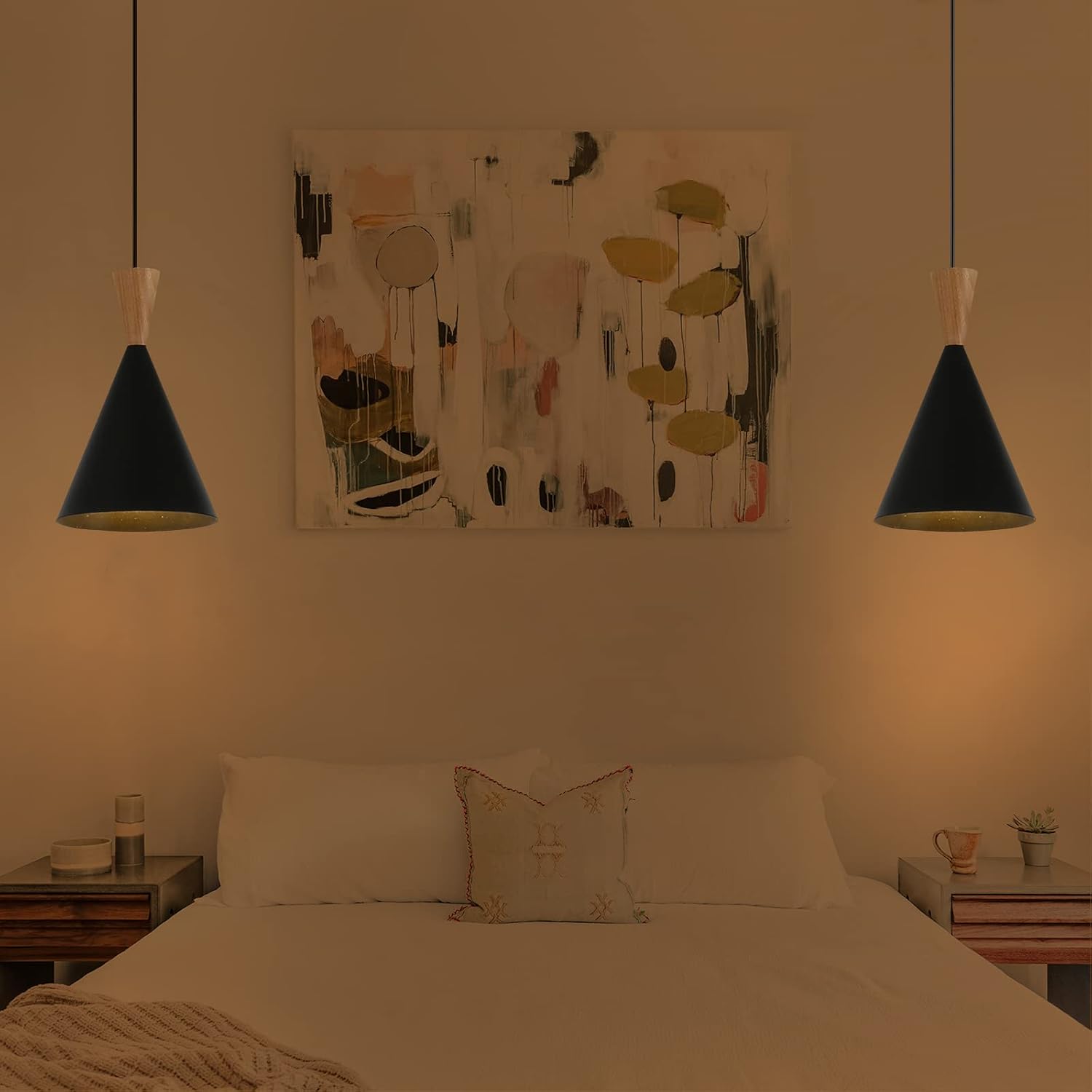 Modern Small Black Pendant Light Fixture with Plug in Cord Wood Metal Cone Design Ceiling Hang Light with Wall Mounted Fixtures 11.5ft Rope Pendant Lamp for Kitchen Island, Bedside