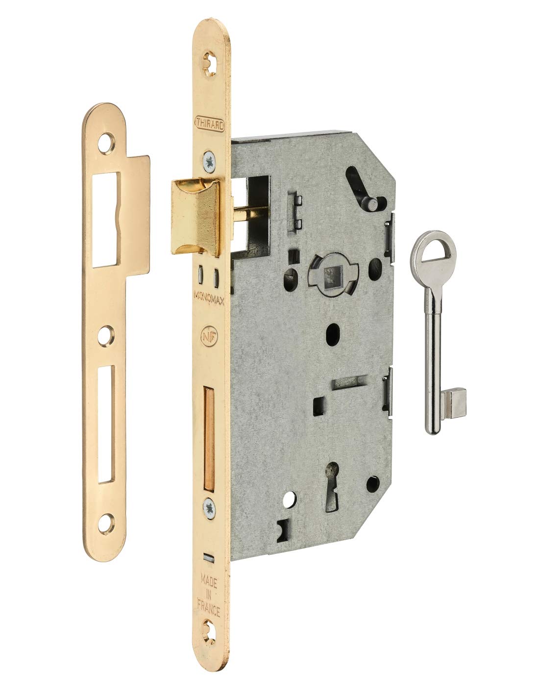 THIRARD - Serratura Infilare Monomax NF a Chiave - Porta Camera - Asse 50 mm - Angoli Tondi - Frontale Ottone - Cassa Acciaio Stampato - Meccanismo a 2 Giri - 1 Chiave - Giallo/Dorato
