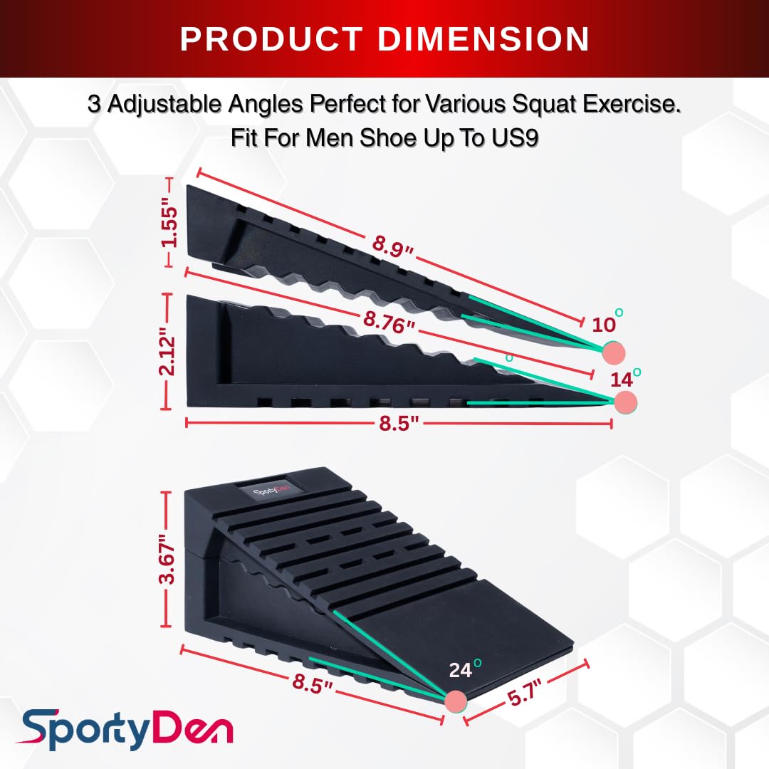 Squat Wedge Block Non-Slip Rubber, Adjustable Angles [Men up to US9] Heel Wedge for Squats, Squat Ramp for Calf Raises, Weight Lift and Stretch Exercise, Includes 4 Pcs Set, 2 Bands & Storage Bag.