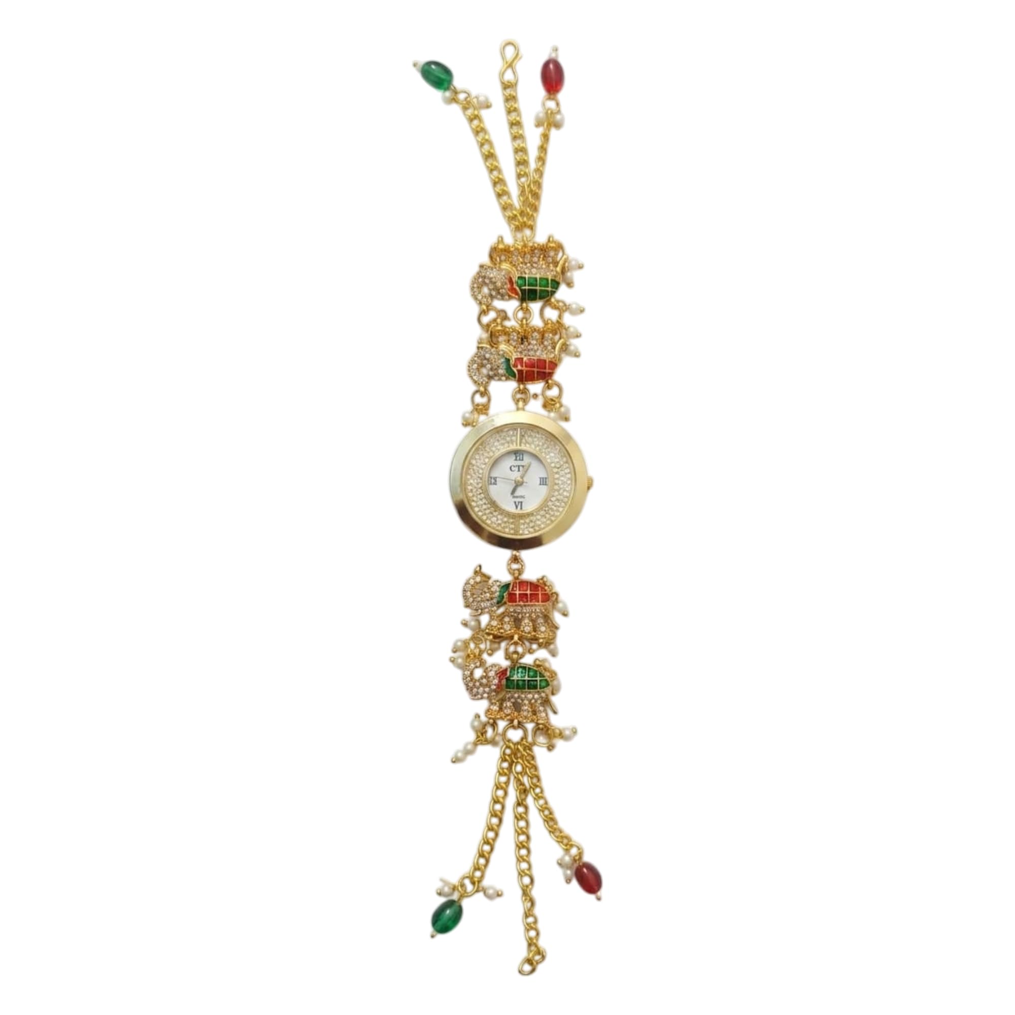 Women's Ethnic Elephant Designer Bracelet Watch | Gold-Tone Crystal Studded Wrist Watch with Red & Green Enamel Elephant Charms, Pearl Accents & Tassel Chains | Wedding & Festive Wear007-image-28