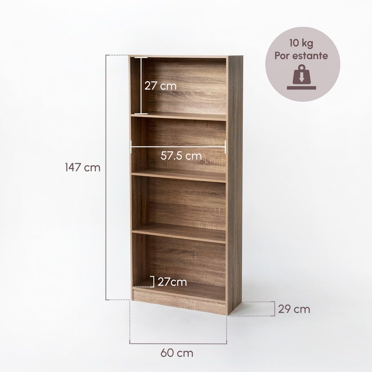 Estantería librería de 4 estantes en MDF color natural de 147x60 cm