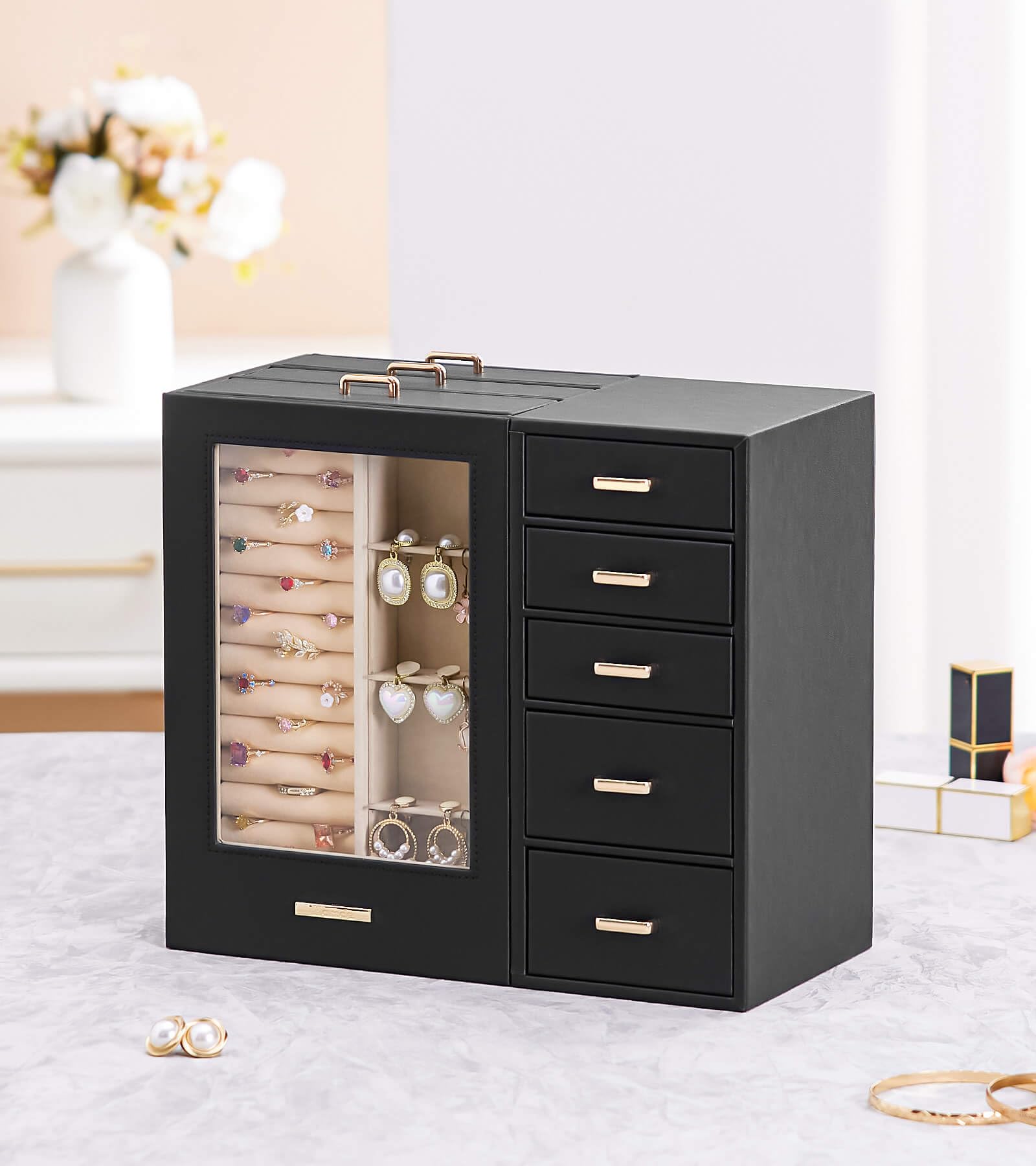 Homde Large Jewelry Box/Organizer/Case with Glass Window, Drawers for Necklaces Earrings Rings Bracelets Watches Gift for Women Girls