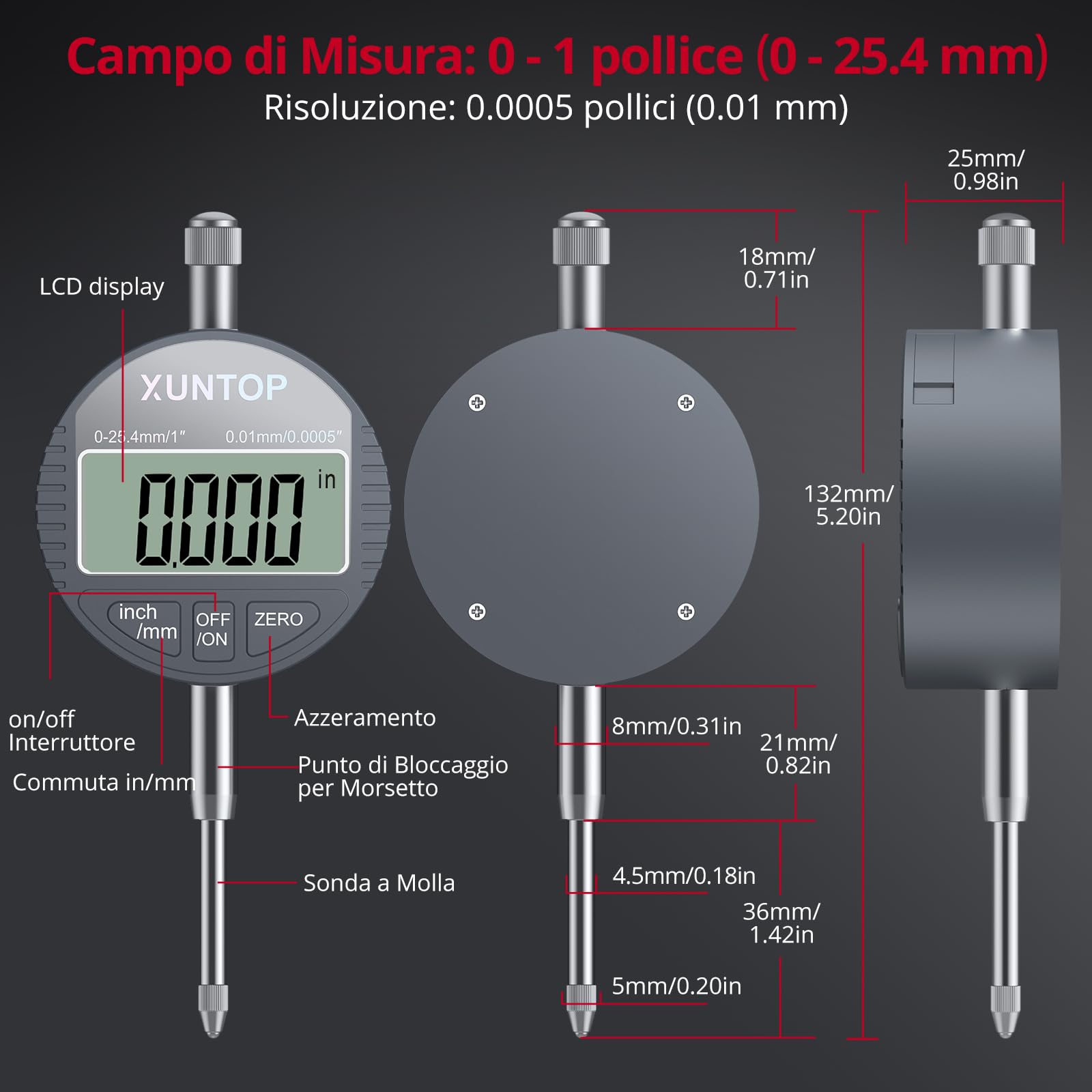 XUNTOP Comparatore Centesimale 0-25,4 mm con Base Magnetica 132lbs/60kg, Digital Dial Indicator 1inch/0.0005inch con Display LCD di Conversione Pollici/metri per Tornio, Stampante 3D, CNC, Industriale