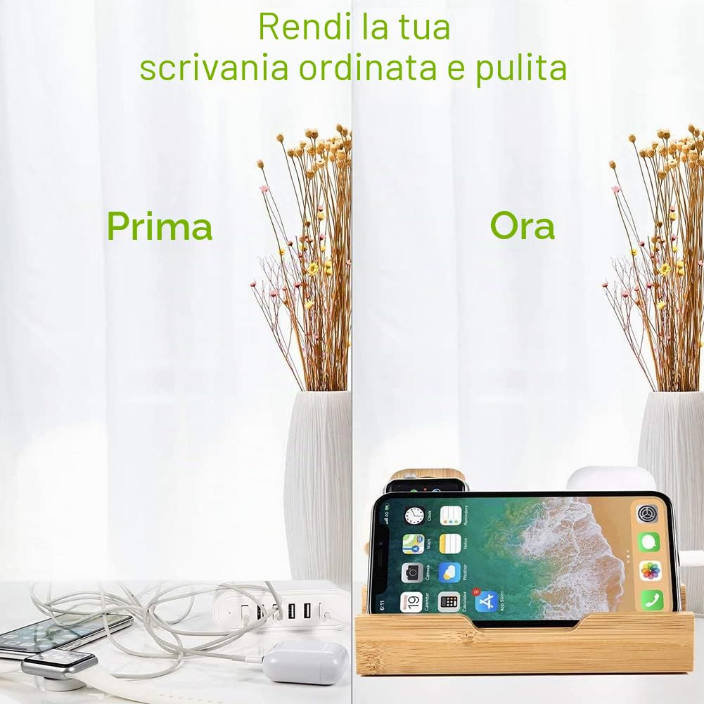 Stazione di Ricarica in Legno, Organizzatore di Docking Station da Tavolo in Legno Organizer di Ricarica per Dispositivi Multipli - Cellulari Tablet Auricolari Auricolari (Solo Stazione)