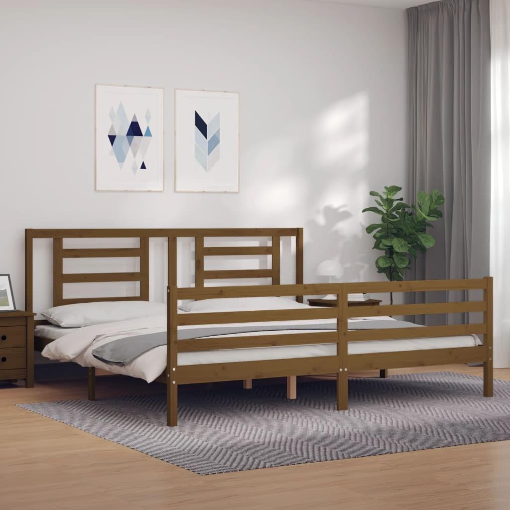 Marco de cama de 200 x 200 cm de madera maciza marrón para dormitorio principal