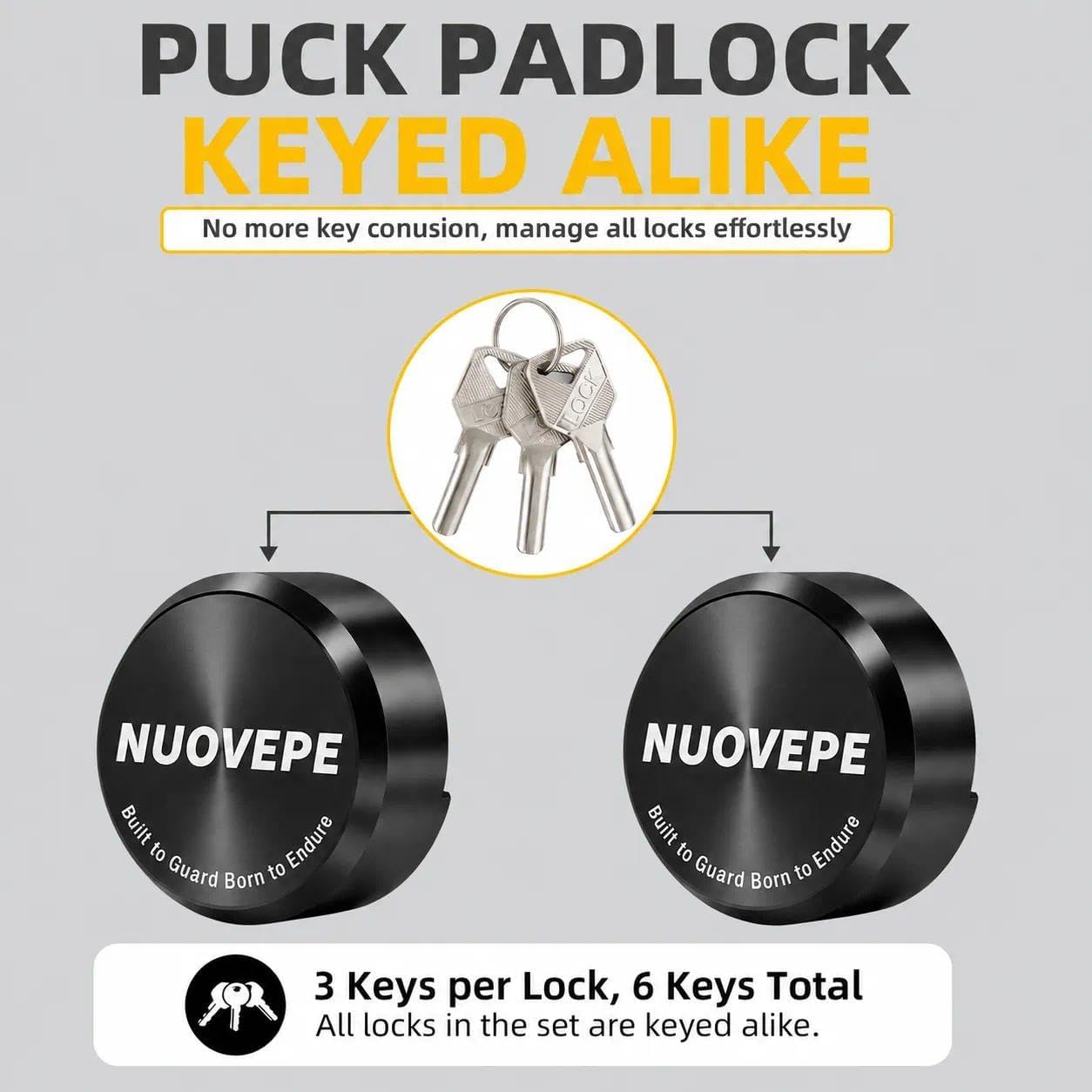 2 Pack Puck Locks for Trailers Keyed Alike, 6061 Solid Aluminum Rustproof Trailer Door Lock, Hidden Shackle Padlock for RV, Truck, Shed, Vans, Door, Cargo, Shipping Container (Black, 6 Keys)