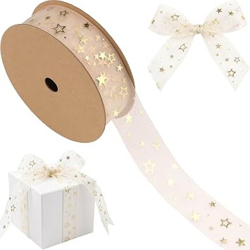Gold Star Sheer Ribbon 7/8 Inch x 10 Yards, Snow Yarn Glitter Ribbon for Craft Gift Wrapping Wedding Birthday Christmas Party Decor