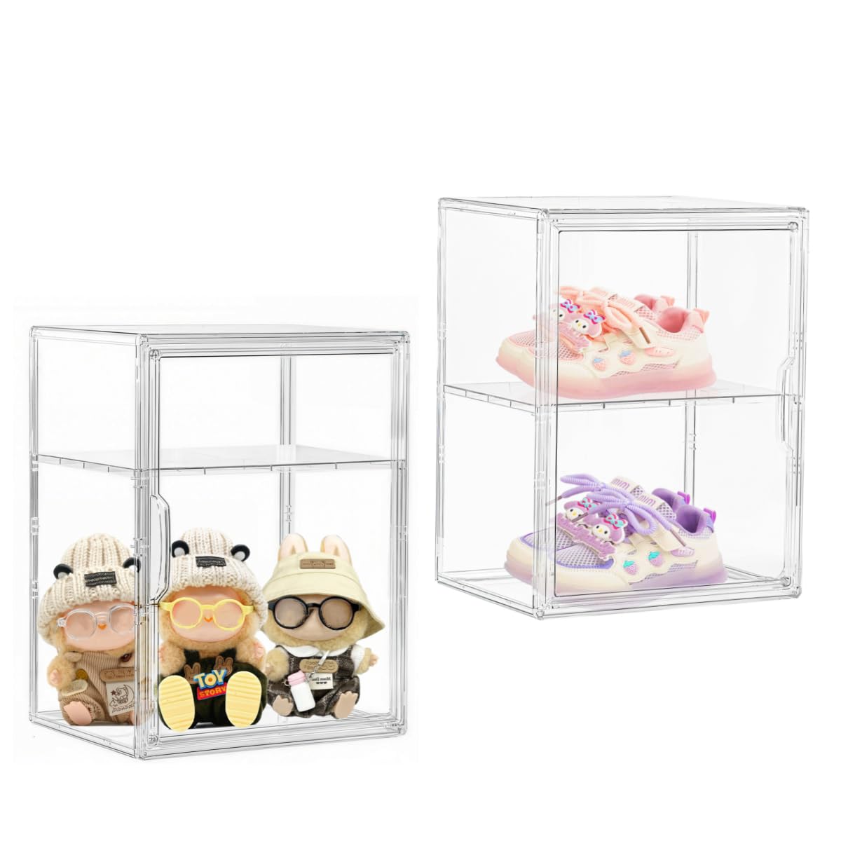 Large Clear Acrylic Display Case Shoe Storage Boxes With An Adjustable Divider,2 Pack 2 Tiers Clear Plastic Stackable Storage Bins With Lids Display Acrylic Box With Magnetic Door