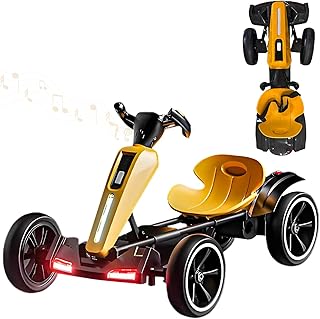 RIDEONMOP Kart eléctrico 6V para niños, kart de pedales plegable con modos de inversión, juguetes con asiento ajustable, música, luces, arranque lento, kart de deriva para niños niñas 3+,amarillo