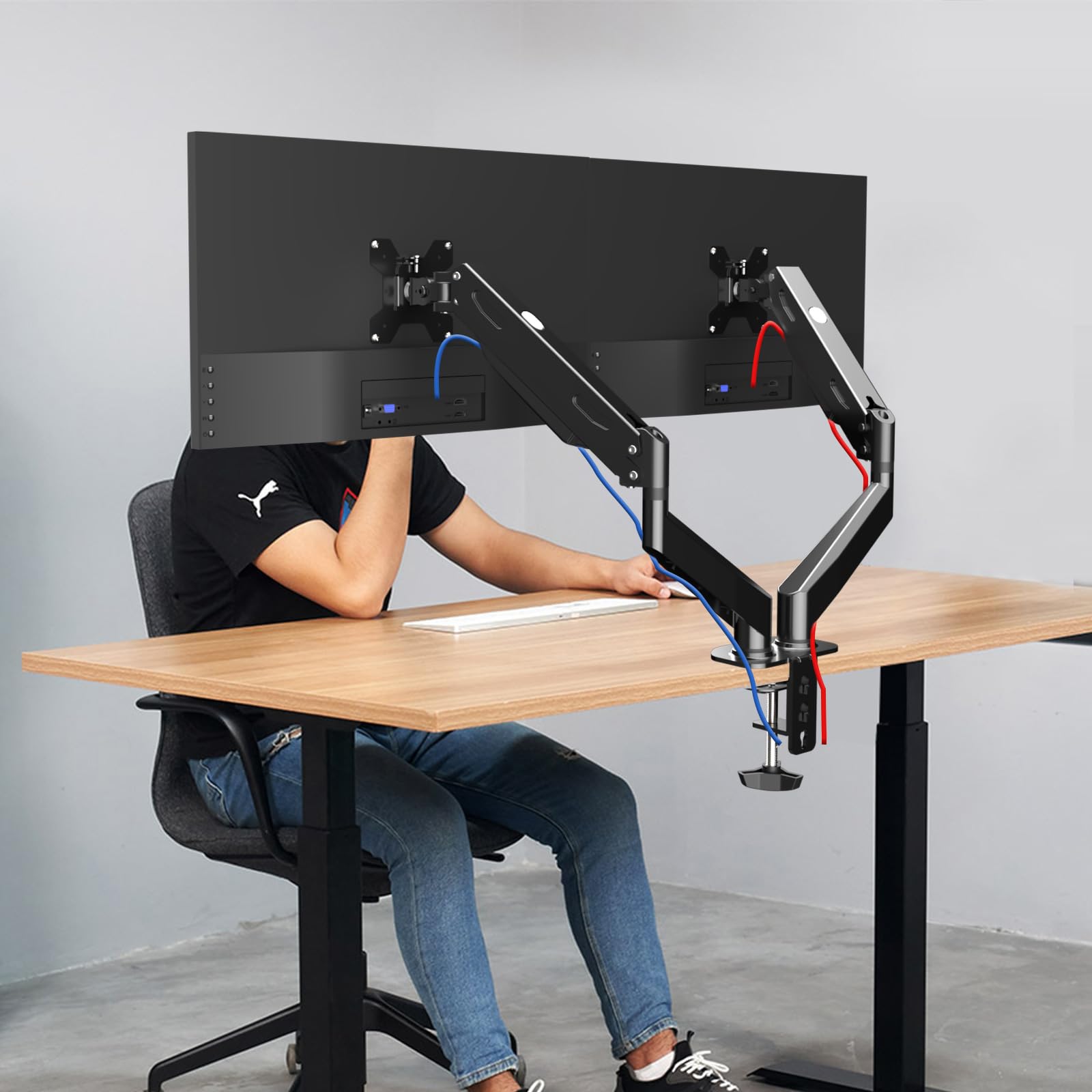 Pholiten Support de Moniteur pour 2 écrans de 17 à 32" - Support de Bureau - VESA 75/100 mm - Hauteur réglable - Inclinable et Rotatif