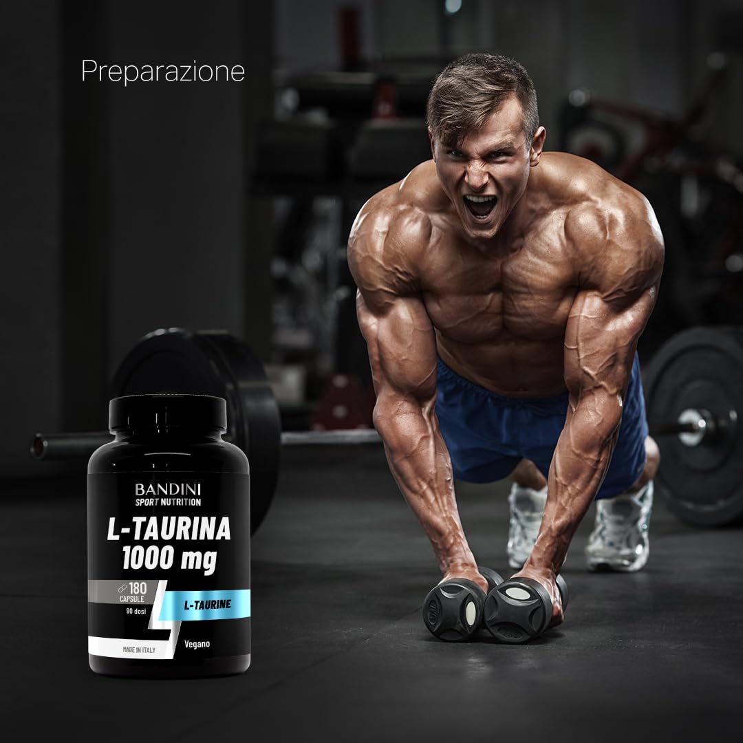 Bandini® Taurina Integratore 1.000mg per Dose, 180 Capsule, Taurine Pura Polvere Vegan Alto Dosaggio (3 Mesi), Aminoacidi Essenziali Pre/Post Workout, L-Taurina 1000 mg, Senza Magnesio Stearato