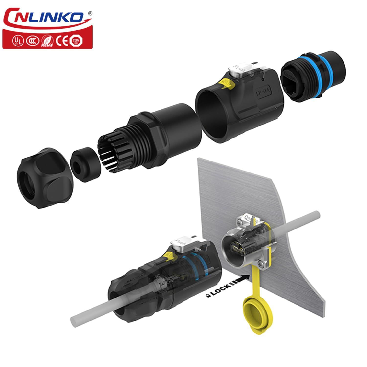 CNLINKO LP-24 Conectores RJ45, 8P8C Conector de Doble Puerto,Conector Circular para Conexiones de Red, Receptáculos de Montaje en Panel Zócalo IP68 Impermeable Conector M24 (Juego RJ45)