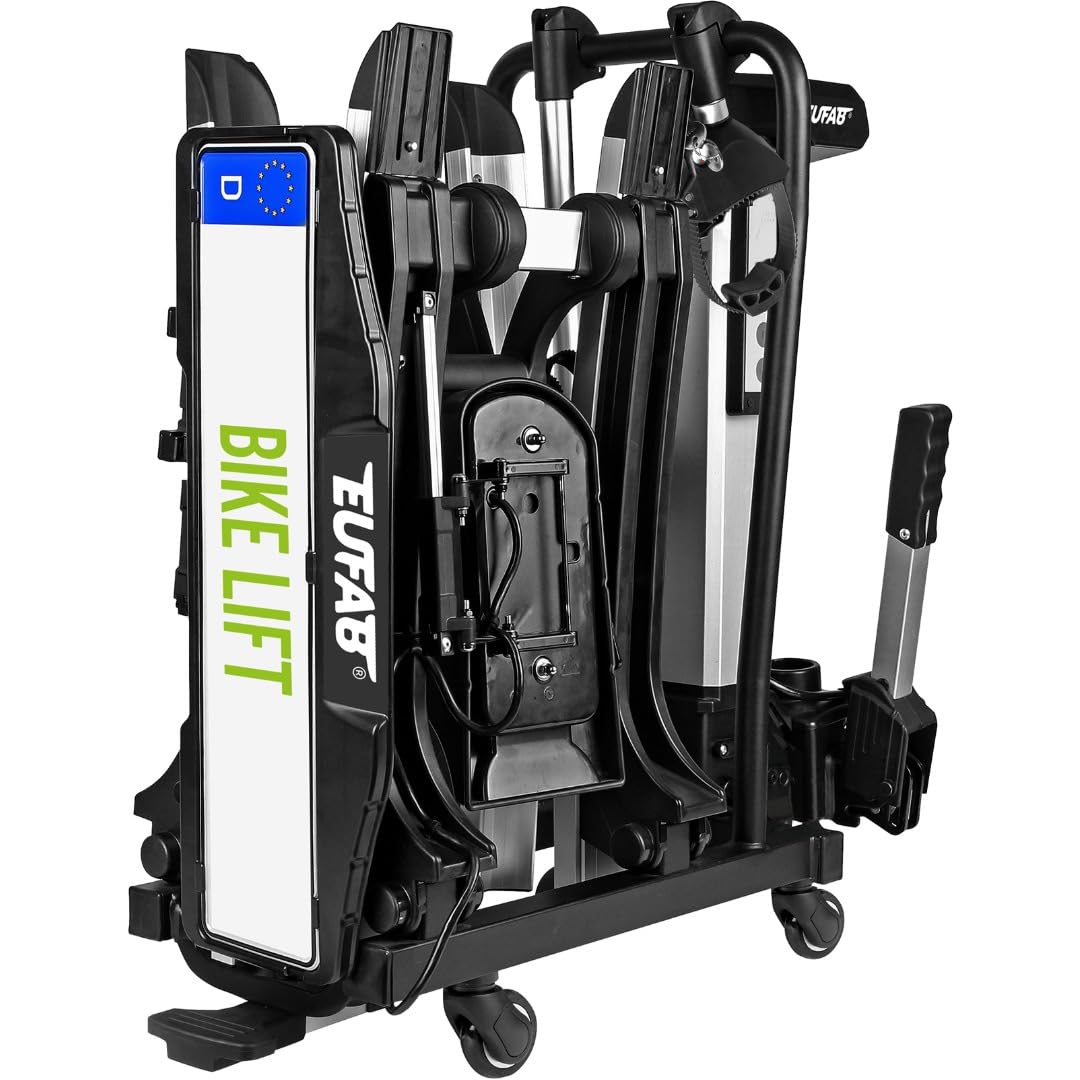 EUFAB 11554 Bagażnik rowerowy Bike Lift, nadaje się do rowerów elektrycznych, w pełni zmontowany, elektryczne opuszczanie, ochrona przed kradzieżą, na 2 rowery, na hak holowniczy, 2025 z uchwytami na