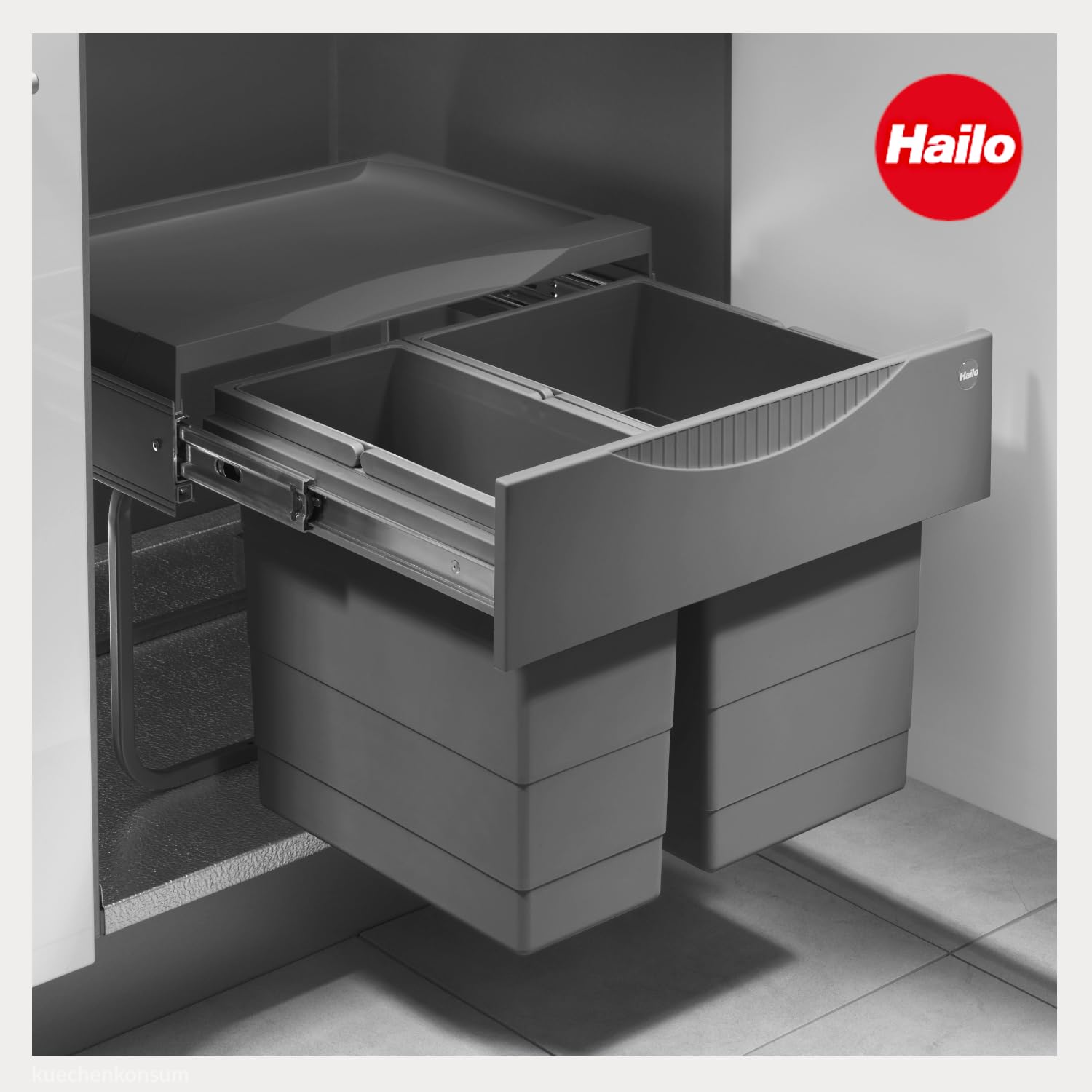 Hailo Abfallsammler 3644901 | 2fach Raumspar Tandem | 18 + 12L Inneneimer | ab 50 cm breiten Unterschrank mit Drehtür | Dunkelgrau