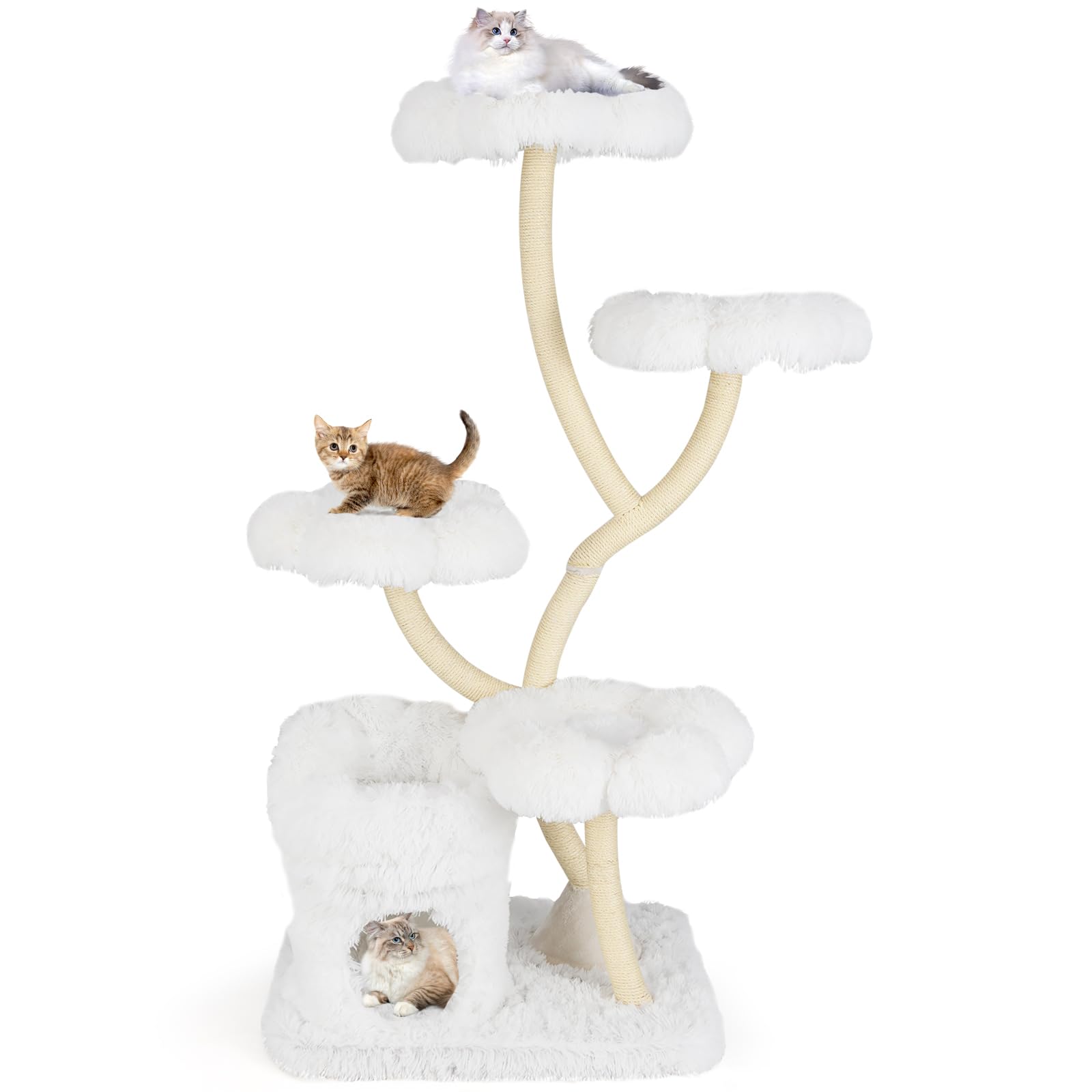 Tangkula Cat Tree Tower, 65 Inch Tall Cat Tower with Sisal Scratching Posts, Flower-Shaped Platforms, Padded Cat Condo, Modern Cat Tree for Indoor Cats Large Adult (White)