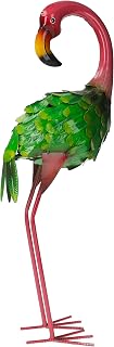 Keyhome Estatua de decoración de jardín, figura de hierro coloreado, flamenco rosa y verde, artículo decorativo – Altura 58 cm