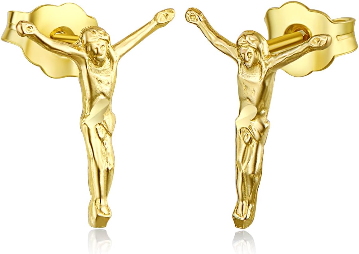 14k REAL Yellow Gold Crucifix Stud Earrings (10 x 12 mm)