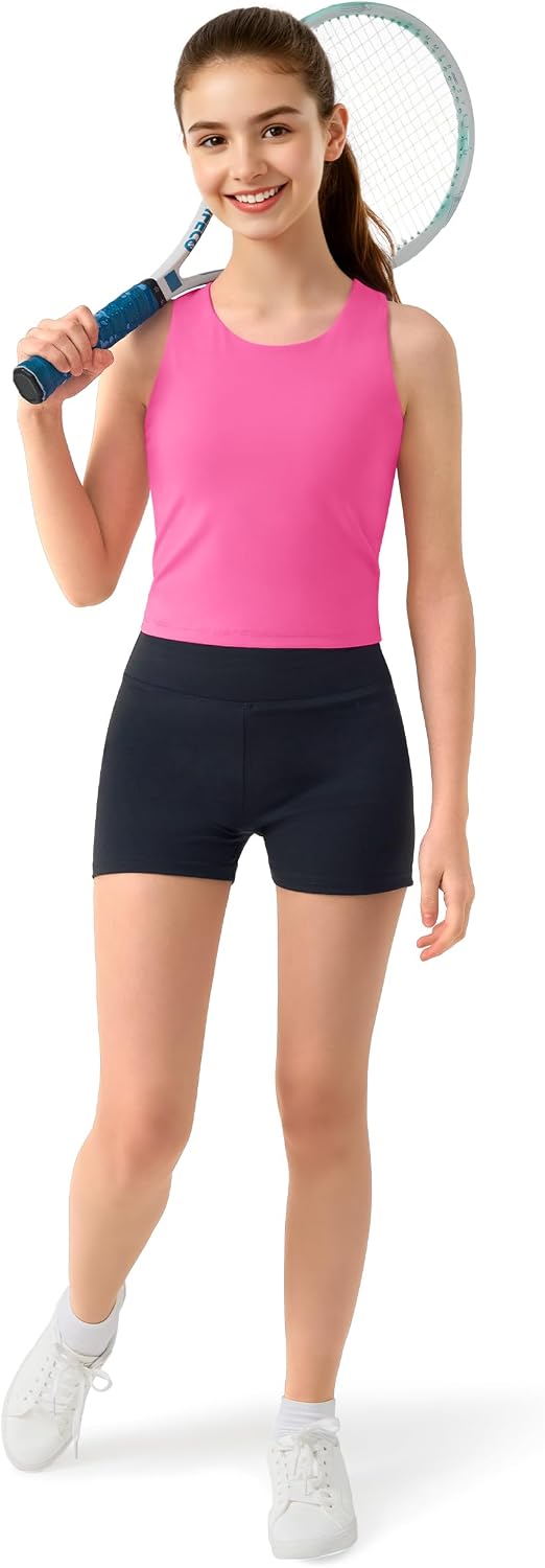 JOCMIC Girls Tank Tops Athletic Shirts Double-Lined Racerback Workout Crop Tops High Elasticity for Gymnastics Yoga Hot Pink 7-8 Years