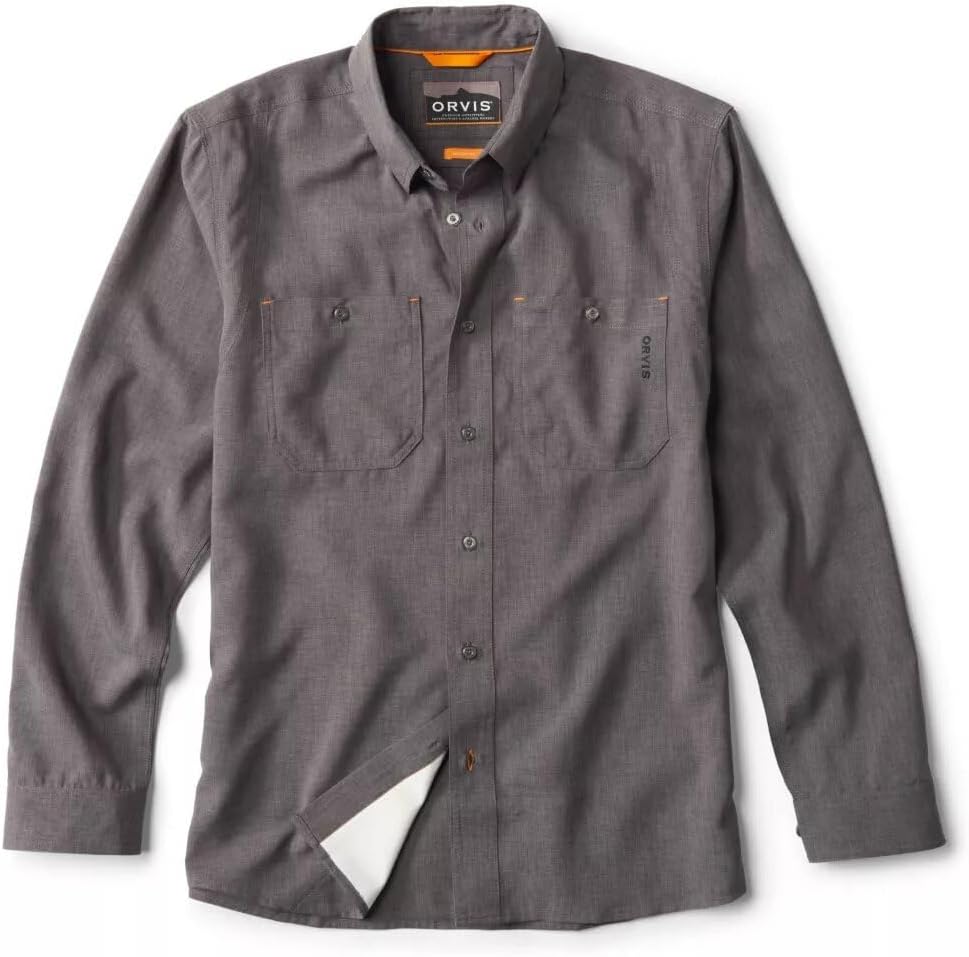Orvis Tech Chambray Long Sleeve Men's Work Shirts - Lightweight Quick-Drying UPF 40 Chambray Fabric Casual Men's Shirts - Tall, Dark Charcoal - Large