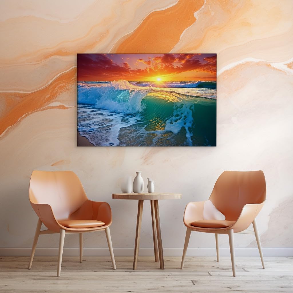 Canvas for Living room. Sunset Symphony Capturing Ocean's Serenity and Wave's Vitality, 27 x 18 inch Canvas Wall Art - Contemporary Masterpieces - Modern Home Decor