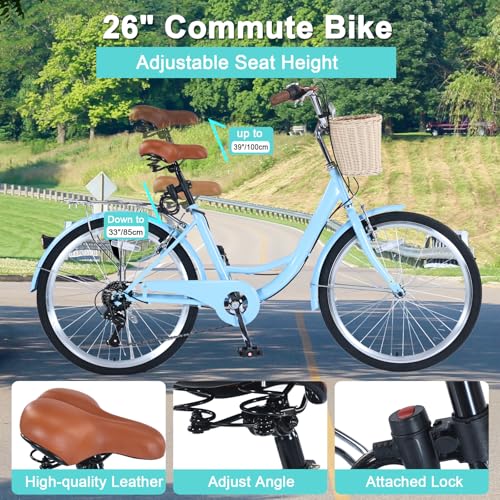 Jacgood Beach Cruiser Bike for Women 24/26 Inch Ladies Bike 7 Speed Complete Cruiser Bikes with Adjustable Seat,City Bike for Women (26 Inch)