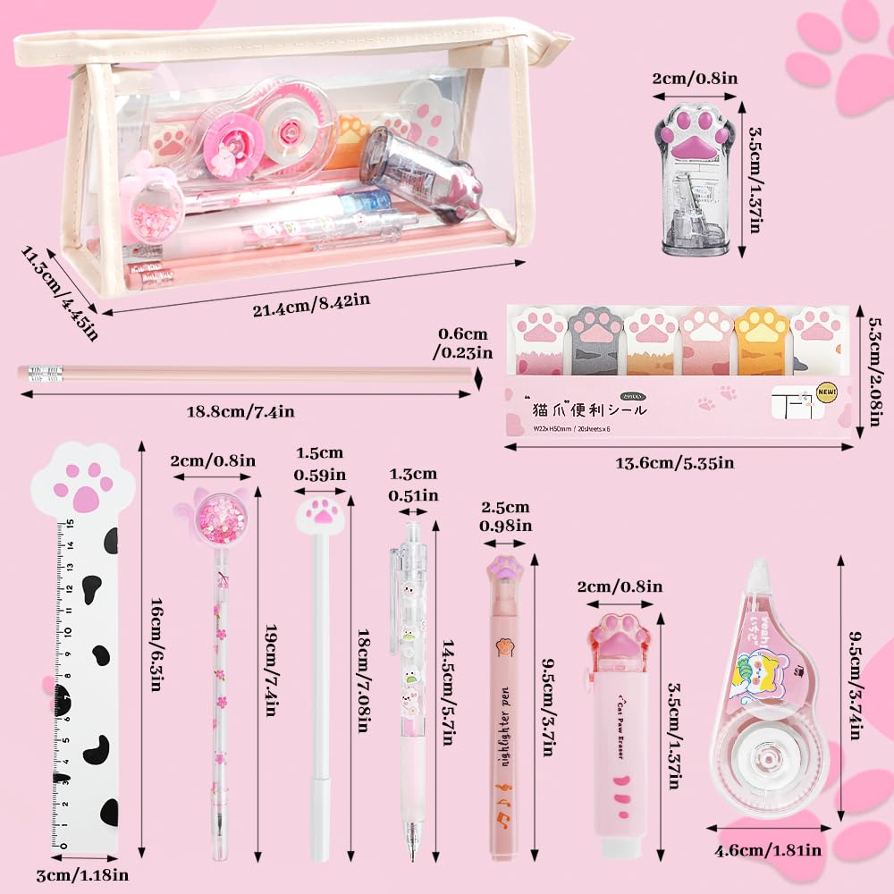 Kit Papeterie Patte de Chat 13 Pièces, Mini Rouleau à Crayons, Gomme, Ruban Correcteur, Stylos, Règle, Notes Adhésives, Surligneurs